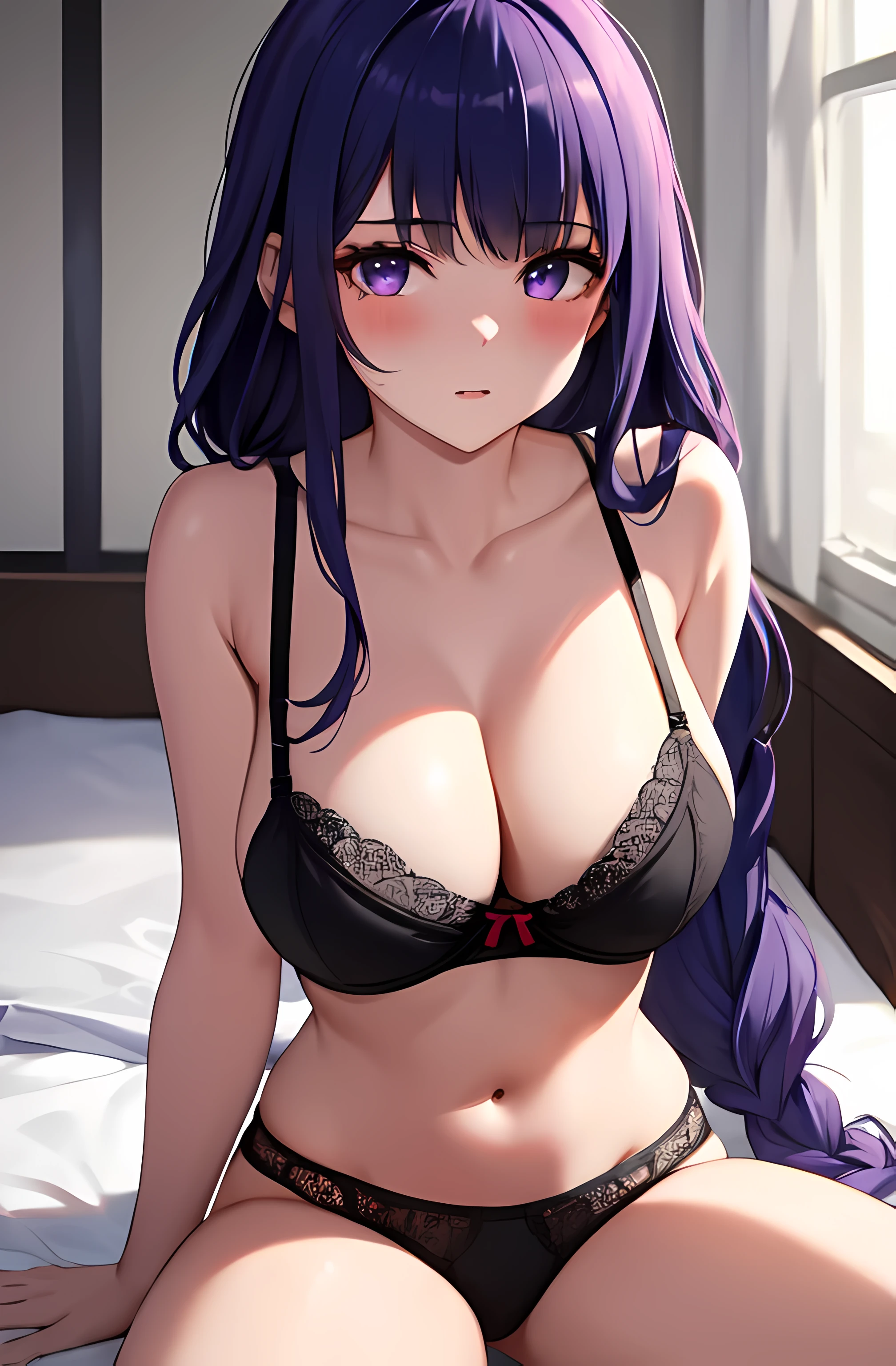 (best quality, masterpiece, ultra-detailed, perfect pixels, UHD, 4k, HDR, depth of field), 1girl, raiden_shogun, perfect body, (photorealistic:1.1, smooth CG texture), (blunt bangs, long hair, eyelashes), pov, close up, parted mouth, large breasts, seductive, embrassed, blushing, nipslip, sitting, on bed, parted legs, looking at viewer, indoor, bedroom, (bra, panties)