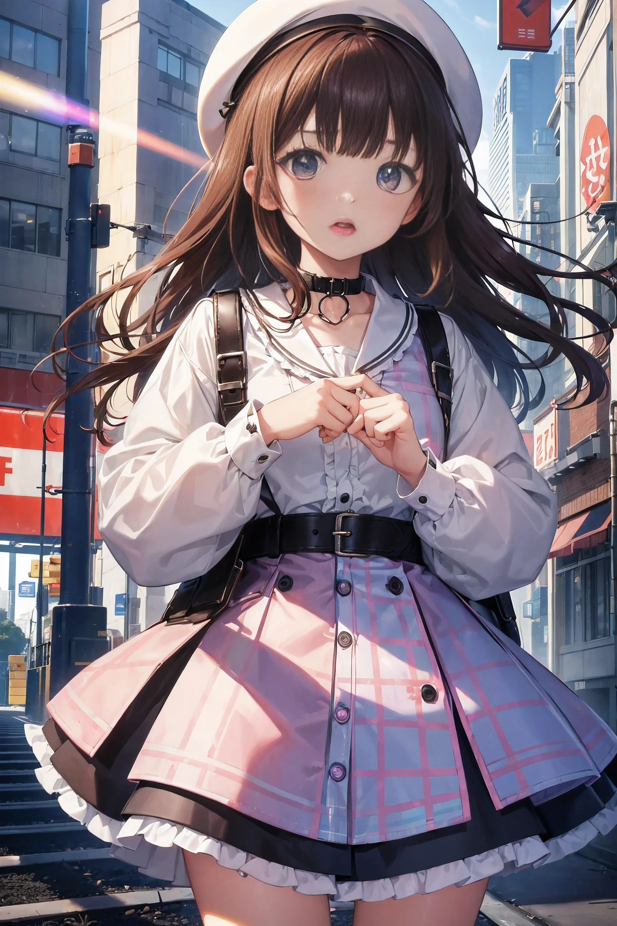 （in 8K, Best Quality, masutepiece:1.2)、超A high resolution, 1 -yeld fee,((petal collar shirt)),Ultra-detailed face,Deep and detailed eyes,Brown hair,Blunt bangs,(donut hair)、burberry check beret,Burberry check tiered skirt,(Iridescent light:1.4)、Detailed fingers、独奏,flabbergasted,Open mouth,standing in the middle of the railroad tracks