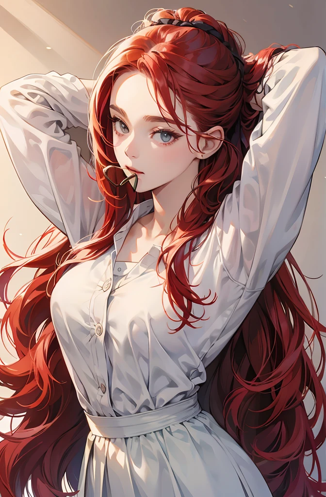 (masterpiece, best quality), 1girl, beautiful face, hair tie in mouth, red hair, arms behind head