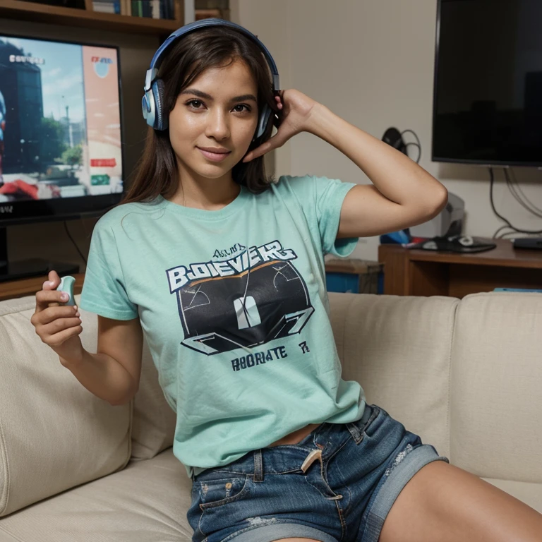 Modelo brasileira, friendly about 20 years, sorrir, academia, jogando videogame em casa, sitting not sofa, segurando controle, olhando a TV, headphone on head, Superhero Shirt, geek style, usando shorts, holding video game controller, Playstation 5