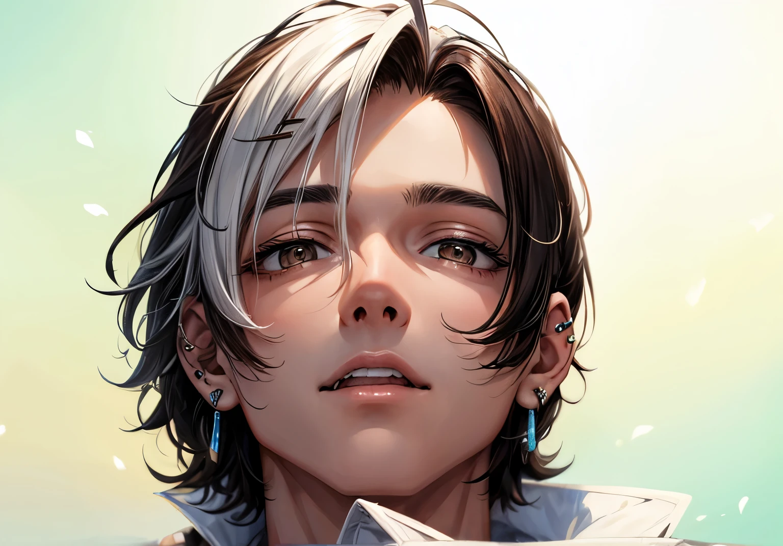 boy, 20 years old, brown medium split hair, white streak, brown eyes, black overcoat, ear piercings, crazy, white skin