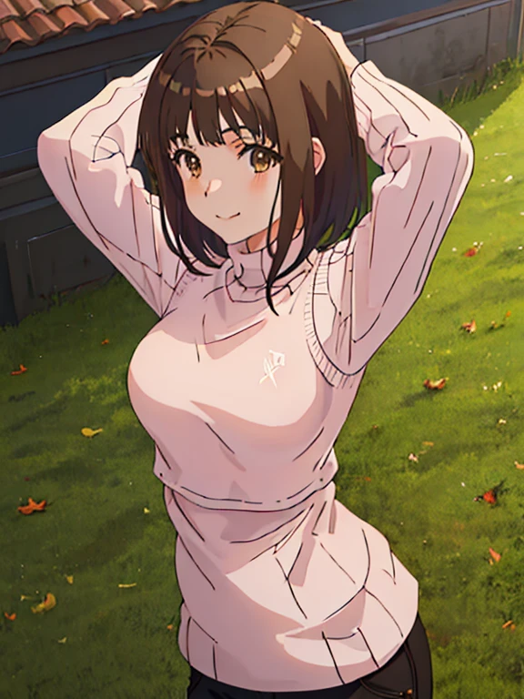 best quality, masterpiece, highres, solo, {itsuwa}, brown_eyes, brown_hair, short_hair, 1girl, black_hair, night, sweater, turtleneck, lying, on grass, arms up, spread eagle, smile, cowboy shot,