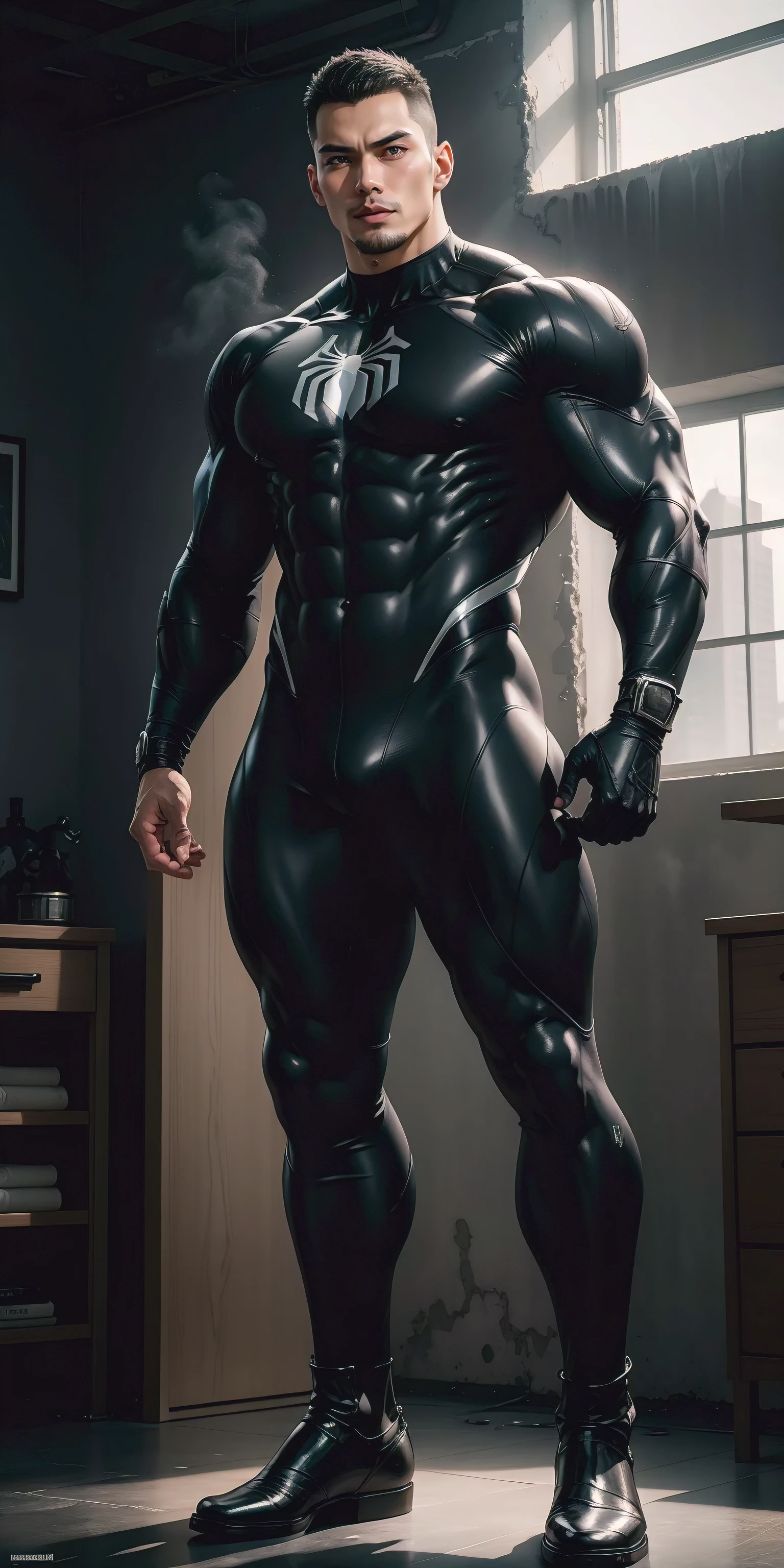 The tall and muscular black Spider-Man, who is 2 meters tall, Open your mouth and shout,He opened his mouth wide,character design(Marvel Heroelack Spider-Man)Wearing a shiny dark gray wetsuit,The whole body is wrapped,High-end leather texture,Regular symmetrical texture pattern,Standing alone in an abandoned factory, Bright sunlight shines on the soft sofa上,expression sad,A hero with deep and charming pupils,heroic masculine pose,Tall and burly,Muscular!Sexy and attractive leg muscles,tall, Burly, and strong, Wearing a shiny dark gray wetsuit, Super gain and cool, commission for high resolution, Big feet in dark gray boots,Charming strong man,Bright sunlight shines on the soft sofa,Reflective and shiny