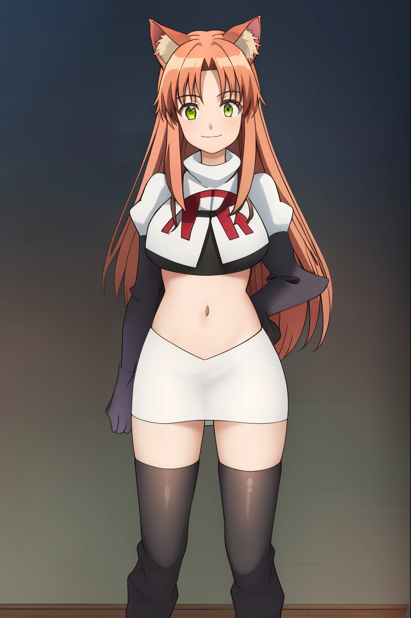 kanade, anime art style, 1girl, solo, long_hair, breasts, looking_at_viewer, smile, bangs, brown_hair, ribbon, animal_ears, very_long_hair, closed_mouth, green_eyes, hair_ribbon, cat_ears, red_ribbon, animal_ear_fluff, team rocket, team rocket uniform, red letter R, white skirt, white crop top, black thigh-high boots, black elbow gloves,