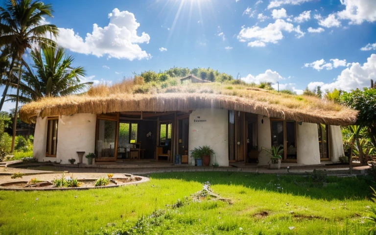 A photograph of a symmetrical contemporary round high house, (((buttress in high wall))), ((stone foundation wall)), in a tropical backyard, mustard yellow terracota plaster walls (((rustic clay stucco))), ((corner walls rounded)), (((higth walls))) ((rustic clay plaster)), (((terracotta walls with rounded corners, organic curves and squared))), (((rustic earth plaster, mud))), (((green roof with wooden edge))), (((wooden roof structure, wooden rake, wooden fascia board))), eaves, ((roof with wooden structure)), In Bahia (((tropical garden))), ((natural houses, organic buildings, organic architecture)), ecovillage, sustainable architecture, bioconstruction architecture, solarpunk architecture, (((grass roof, green roof, green wave roof, rounded roof, vegetated roofs))), (((rock base foundation wall, foundation height 30cm, stone base wall 30cm high))), ((green architecture)), passive house, clear sky in the background, painful beauty, modern, imposing, green house, ((Bali hobbit Hadid Style)), super resolution, cinematic, color grading, editorial photography, photography, photo shoot, (((dramatic front eye top angle view))), O 50mm, depth of field, intricate details, natural colors, sharp focus, warm light, shutter speed 1/1000, F/22, White Balance, Ray Trace Reflections, Lumen Reflections, Screen Space Reflections, Diffraction Rating, Chromatic Aberration, GB Shift, Partial Lighting, Backlighting, Daylighting, Scan Lines, ambient occlusion, antialiasing, shaders, OpenGL-Shaders, GLSL-Shaders, Post-processing, post-production, shading, tone mapping, incredibly detailed and complex, hypermaximalist, elegant, hyperrealistic, super detailed, dynamic pose, Fujifilm XT