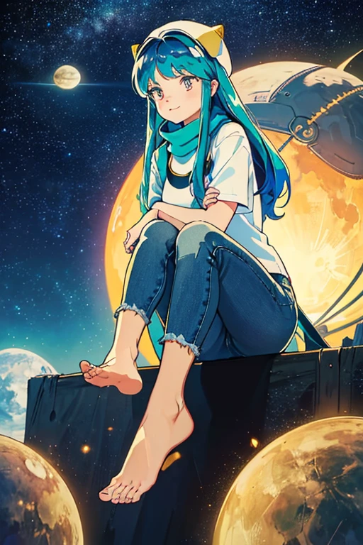 lum, Best Quality, High resolution, distinct image, Concept art, nigh sky, Stars, Moon, girl, Smile, hair, Eyes, Mouth, Hands, Feet, Clothing, jeans, T-shirt, scarf, hat, spaces, spacesship, spacessuit, space astronaut, planet, Galaxy, Beautiful, Cute, Cozy, natural, Dreamy, Relaxed, glinting, lovely