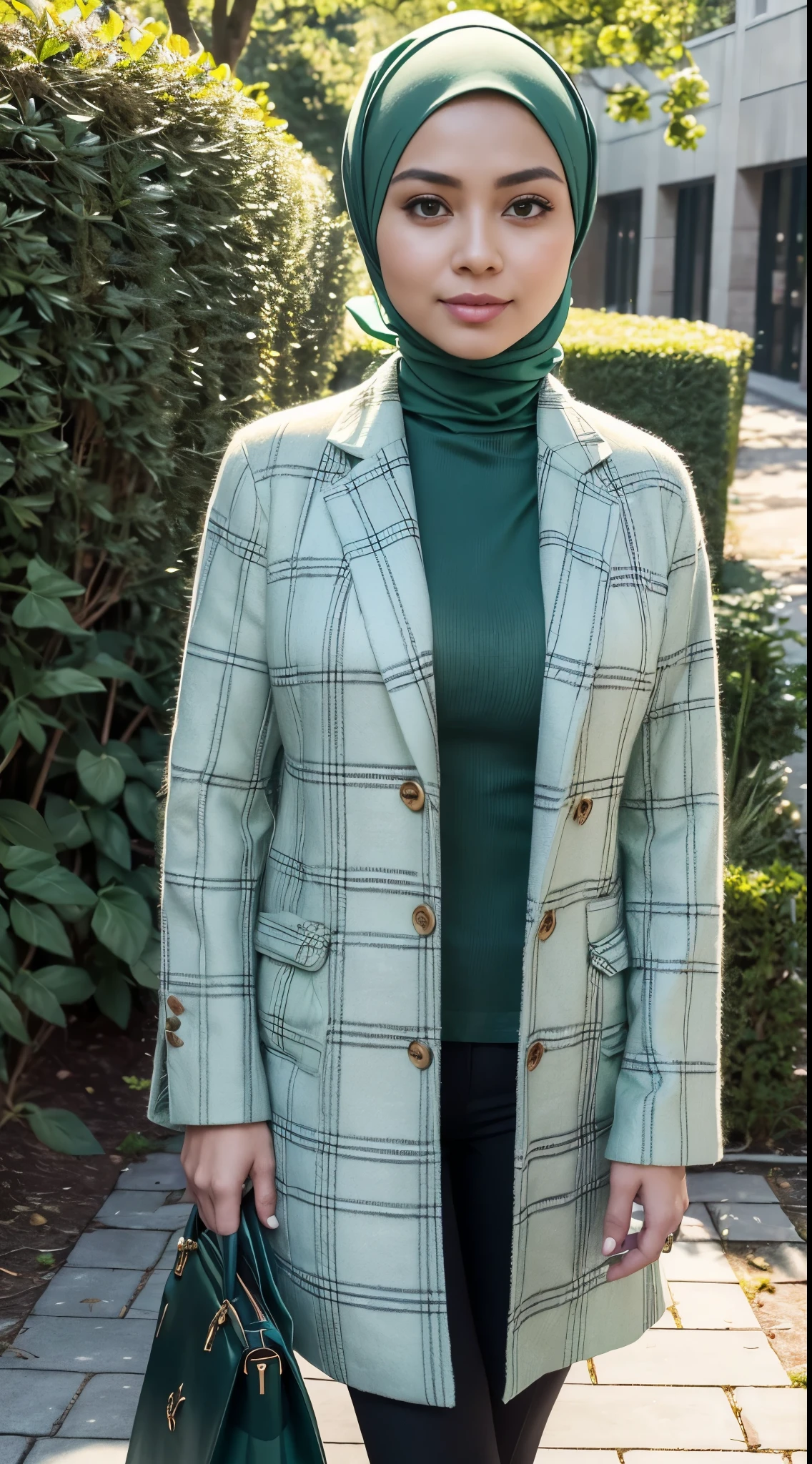 RAW, Best quality, high resolution, masterpiece: 1.3), beautiful Malay woman in hijab,Masterpiece, perfect slim fit body, big breast,big gorgeous eyes, Soft smile,beutiful face,a woman wearing a green and white plaid coat and black pants, casual green clothing, long shirt, green tunic, flannel, wearing a flannel shirt, sea - green and white clothes, ( ( dark green, plaid shirt, tartan garment, loose - fitting blouses, , white and teal garment, chequered cape, modern casual clothing , (Delicate turtleneck) , shairband, afternoon walk, City garden, Excellent lighting, Bright colors, Clean lines, close up