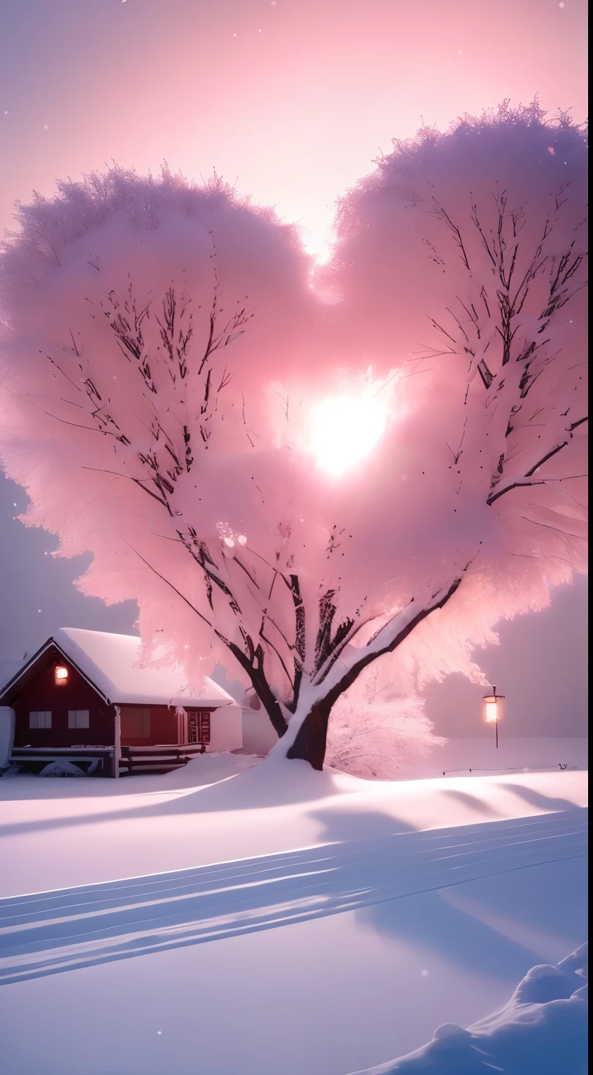 (best quality,4k,8k,highres,masterpiece:1.2),ultra-detailed,(realistic,photorealistic,photo-realistic:1.37),winter landscape,beautiful snowy scene,house in the background,luminous snow,soft white glow,winter environment,pink sunlight,soft winter light,extremely beautiful photo,cotton candy tree,dramatic pink light,pink soft glow 4K,winter atmosphere,warm and beautiful scenery,exquisitely ethereal,pink tree,ethereal soft blurred glow,white winter wonderland