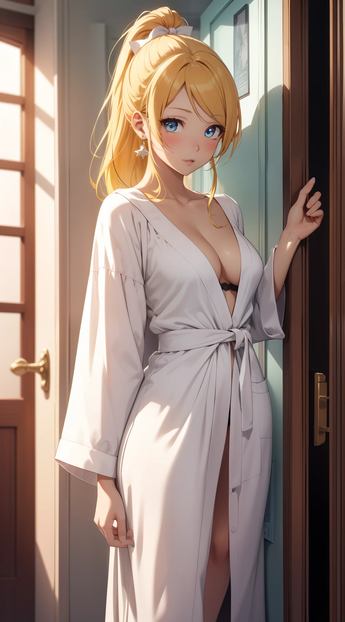 eliayase, eli ayase, yellow hair, blue eyes, ponytail, hair ribbon, masterpiece, best quality, high resolution, unity 8k wallpaper, illustration, beautiful detailed eyes, blush, glossy lips, lips parted, perfect lighting, extremely detailed CG, perfect anatomy, through door, (open dressing gown)