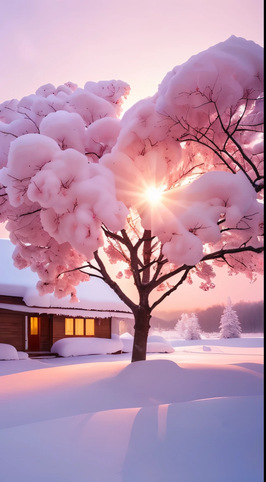 (Best quality at best,4K,8K,A high resolution,tmasterpiece:1.2),ultra - detailed,(actual,photoactual,photo-actual:1.37),winter landscape,beautiful snowy landscape,house in background,glowing snow,soft white glow,winter setting,pink sunshine,Soft winter light,very beautiful photograph of,cotton candy trees,dramatic pink light,Pink soft glow 4K,winter atmosphere,lindo cenario,Exquisite and ethereal,Pink tree,Ethereal soft fuzzy light,white winter wonderland