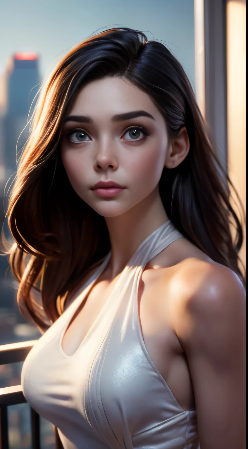 photo of Elizabeth Olsen, RAW, beautiful woman, ((portrait)), ((detailed face:1.2)), ((detailed facial feature, detailed skin, clear skin), (perfect proportioned body, normal size breasts), (wearing a halter dress) (high detailed city environment, apartment balcony), (realistic photo, best quality, detailed), (8k wallpaper), (cinematic lighting, dramatic lighting) (sharp focus, intricate)
