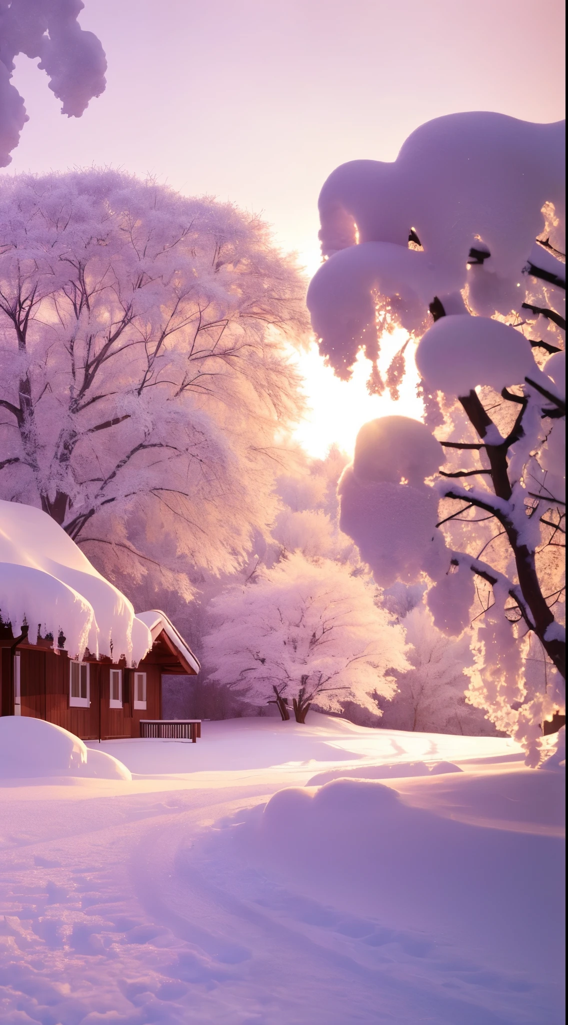 (Best quality,4K,8K,A high resolution,tmasterpiece:1.2),ultra - detailed,(actual,photoactual,photo-actual:1.37),winter landscape,beautiful snowy landscape,house in background,glowing snow,soft white glow,winter setting,pink sunshine,Soft winter light,very beautiful photograph of,Marshmallow Heart Tree,dramatic pink light,Pink soft glow 4K,winter atmosphere,lindo cenario,Exquisite and ethereal,Pink tree,Ethereal soft blurry light,white winter wonderland