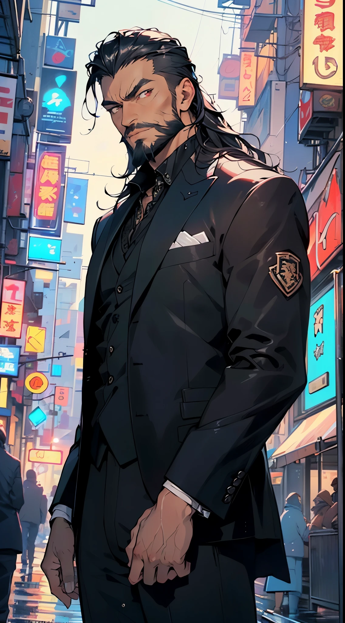 (man:1.5),1 man,mafia boss man,(((1man))),((man with black hair)),

55 years old, male character, black hair, ((slightly long hair:1.3)), ((full beard:1.3,black beard)), serious face, demon king,muscular body,heavy muscular body,((mafia boss)),((tall statue)),

(((1male,male,male gender:1.5,male focus))),macho man,villain,evil villain,

(((lustrous skin:1.5,tanned skin,bright skin: 1.5,skin tanned,shiny skin,very shiny skin,shiny body,illuminated skin))),(((red_eyes:1.2))),intricate eyes,beautiful detailed eyes,symmetrical eyes,((man chest)),((muscular)),male jaw,(((detailed face))),

manly,nsfw,

cyberpunk mafia boss, ((mafia boss suit:1.5)), futuristic mafia boss,((bulge in pants)),((black suit:1.2)),(elegant suit),((wet clothes,intricate outfit,intricate clothes,intricate suit)),

(dynamic pose:1.0),solo focus,((smug)),(centered,scale to fit dimensions,Rule of thirds),

cyberpunk city by the ocean at night, with bright neon signs and dark stormy clouds and puddles, scenery:1.25,nighttime, starry night, cosmos,Very dark night that makes the neon lights stand out, very bright neon lights,

highres, sharp focus, (ultra detailed, extremely detailed), (photorealistic artwork:1.37),(extremely detailed CG unity 8k wallpaper),((synthwave background theme)),(((vibrant colors))),(intricate background),(masterpiece),(best quality),