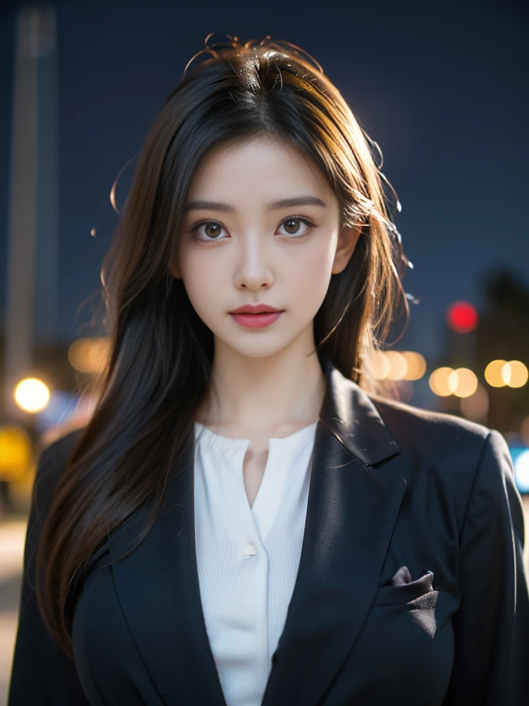 tmasterpiece,Highest image quality,super detailing,(1 Sister), The beautiful, amazing face and eyes, Cosmetics for a delicate and beautiful face), (The sexiest look), (The beautiful大胸:1.1), (Best quality at best:1.4), (ultra - detailed), (Extremely detailed CG-8k wallpaper), Very meticulous, RAW photogr, professional photoshooting, ((buisness suit)), (tightly dress), (Open business shirt), Outdoor sports, (down town, nightcity, lamplight), (nigh sky), depth of fields,