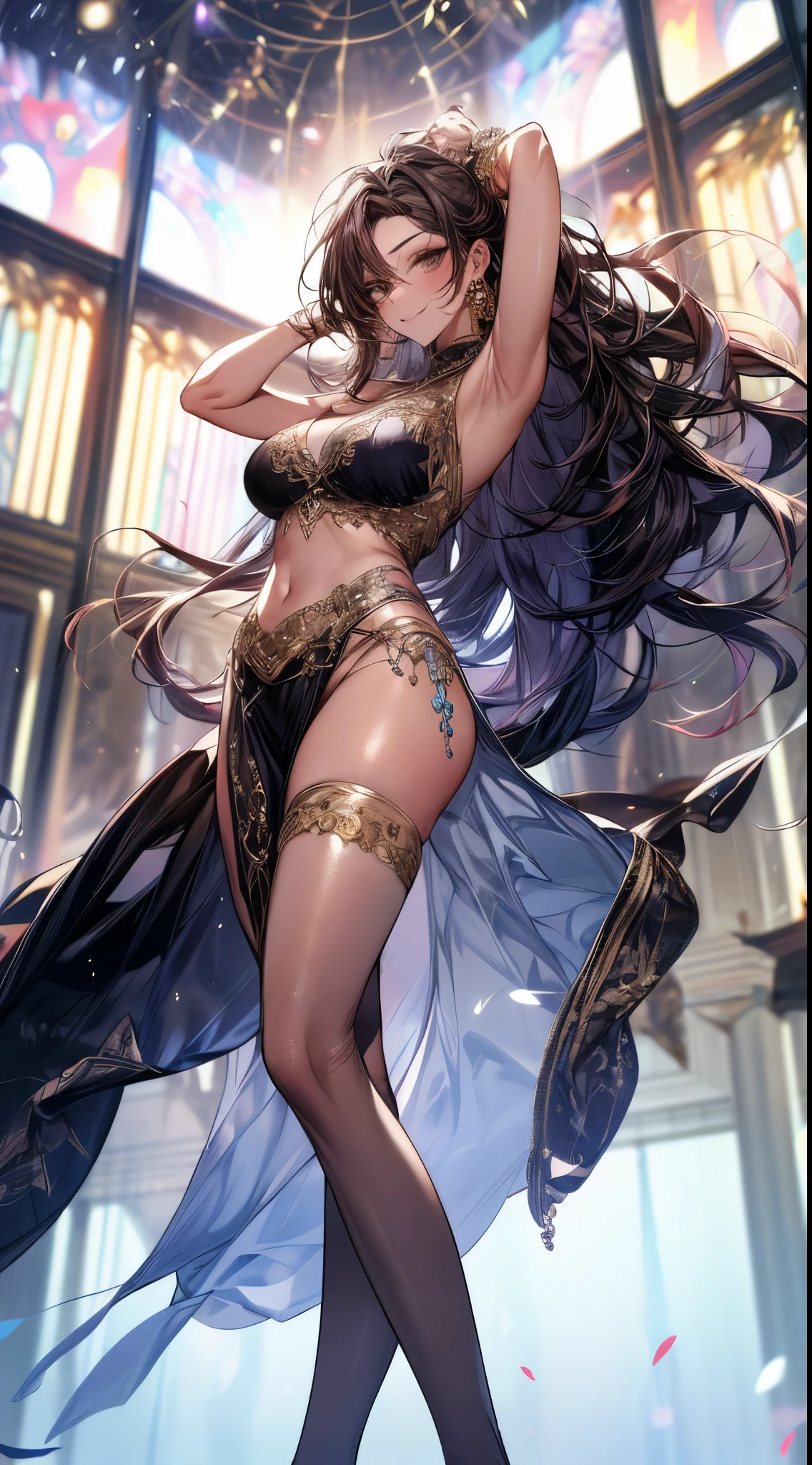 ((Ultra high resolution, 8K RAW photo, super realistics)), ((correct anatomy:1.5, ideal ratio of body proportions, long legs:1.37)), dancing matured gal, (solo:1.6), fuge breast:1.5, bare breasts:1.5, breast cleavage, dancing, swinging boobs, stepping hard, (rising up leg:1.2, putting arm up and behind head:1.3, arm pit:1.2), floating turn, jumping, turning, twisted body, long wavy hair, silver hair, crimson mesh hair, floating hair, fluttering hair, (high detailed face, super detailed eye), (sfw:1.25), belly dance, Arabian, turquoise green outfits, delicate detailed clothes and accessories, see-through clothes, mesh robe, great festival show, indoors, in a temple, special altar, sexy dance, leaning backward, showing off crotch, looking at viewer, sexy smile, dutch angle, from below, side view, floating extra see-through clothes, splash, bokeh, extra floating see-through clothes,
