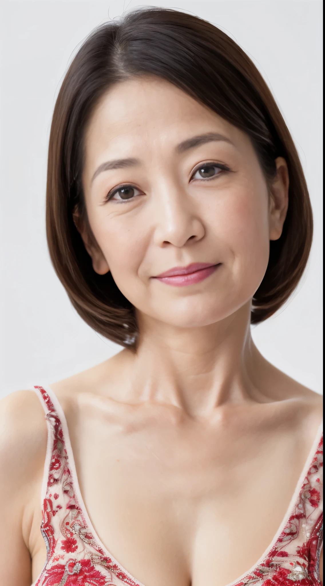 (((Solo))), Elderly Mature Woman, Pure white background, gravure, lower your arms straight down, facing front, ((Center your face on the screen)), Correctly depict lips,red-lips, Fancy makeup, from the chest up, masutepiece, Best Quality, Ultra-detailed, Photorealistic, Ultra-detailed細なスキン, Perfect Anatomy, (1 japanese mature woman), (Positive), 95 years old, huge udder, Mature Woman Politician, glamor, A sexy, Chromo-white skin, Looking at Viewer,