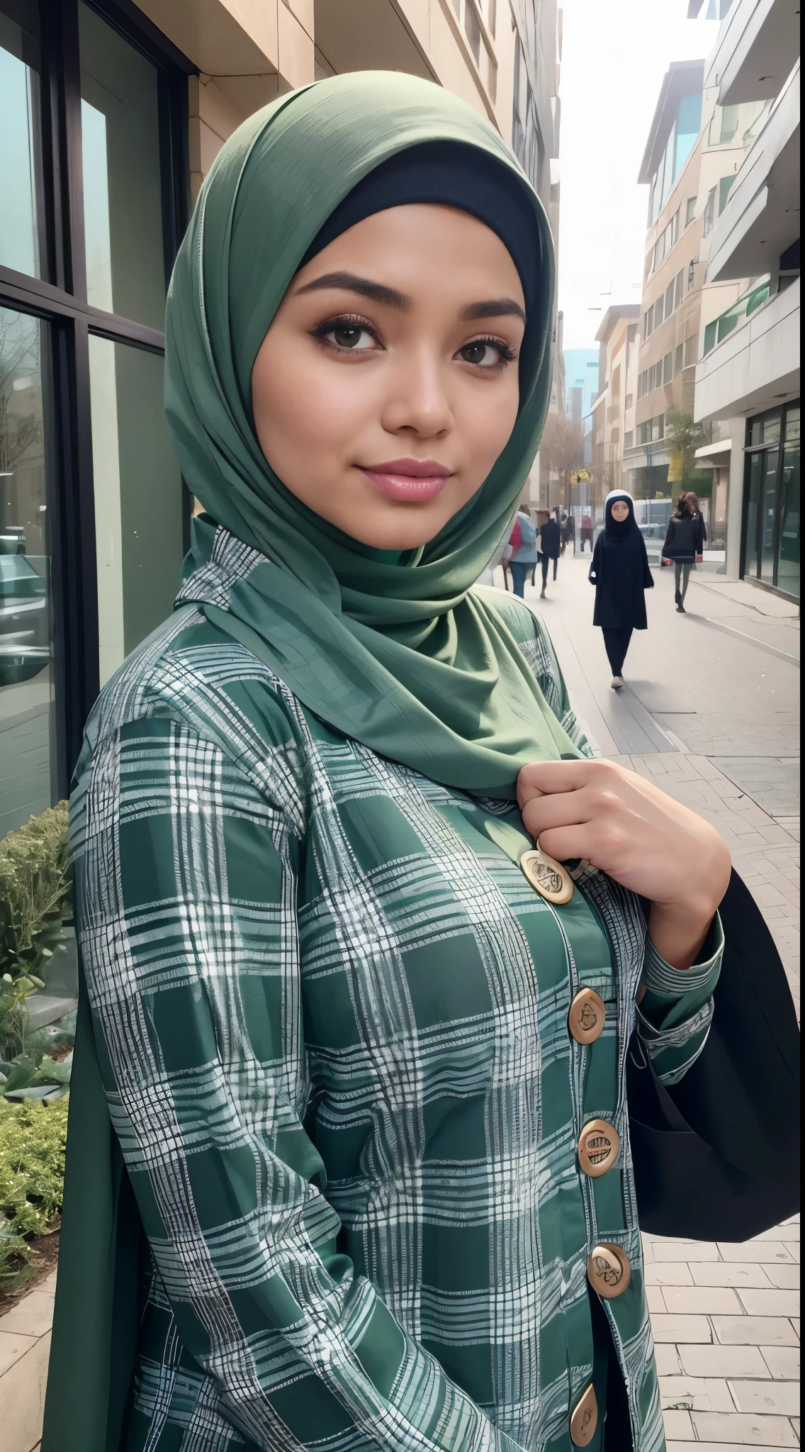 RAW, Best quality, high resolution, masterpiece: 1.3), beautiful Malay woman in hijab,Masterpiece, perfect slim fit body, big breast,big gorgeous eyes, Soft smile,beutiful face,a woman wearing a green and white plaid coat and black pants, casual green clothing, long shirt, green tunic, flannel, wearing a flannel shirt, sea - green and white clothes, ( ( dark green, plaid shirt, tartan garment, loose - fitting blouses, , white and teal garment, chequered cape, modern casual clothing , (Delicate turtleneck) , shairband, afternoon walk, City garden, Excellent lighting, Bright colors, Clean lines, close up