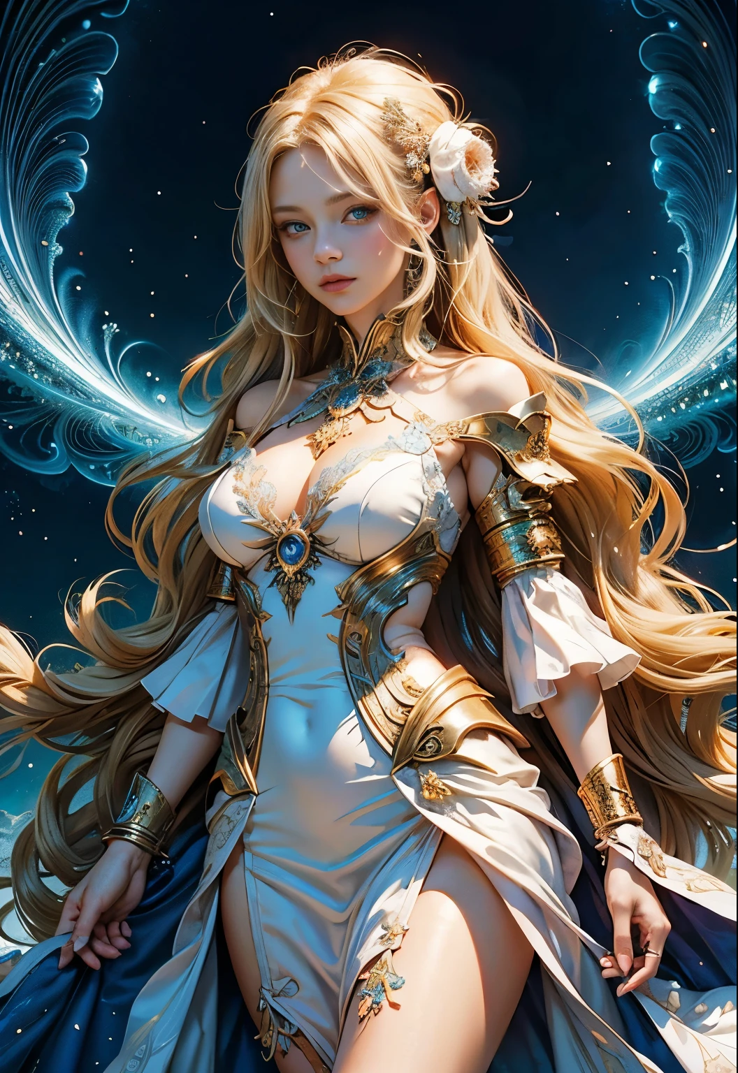 (masutepiece, of the highest quality, Best Quality, Official art, Beautiful and aesthetic:1.2), (1girl in), ighly detailed,(Fractal Art:1.3),Colorful,highest details, she has long blonde hair and blue eyes, , she is wearing a white luxurious dress