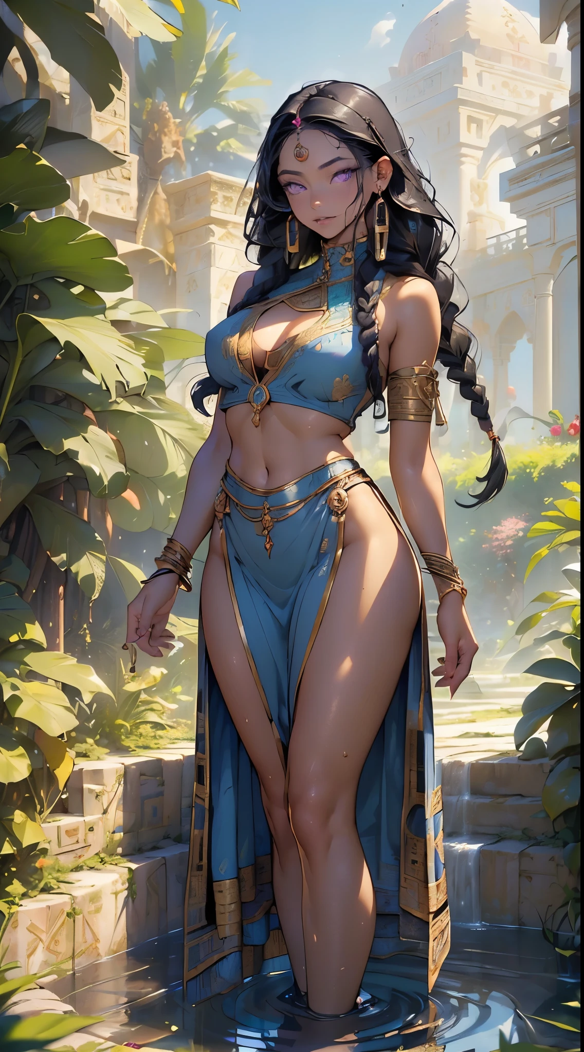 girl from ancient Egypt,1girl,

(large breasts:1.4),((((long twin braids,tight braids,long braid,braided hair,long hime cut,dark hair,black hair,colored inner hair)))),(((purple_eyes:1.3))),intricate eyes,beautiful detailed eyes,symmetrical eyes,((((lustrous skin:1.5,tanned skin,bright skin: 1.5,skin tanned,shiny skin,very shiny skin,shiny body,Reflective skin)))),(spider lower abdomen,narrow waist,wide hip,athletic body,inflated legs,thick thighs,delicate detailed fingers,(detailed face)),beautiful detailed lips,

cute,slutty,sensual,seductive look,seductive,((erotic)),opulent,sumptuous,((nsfw)),

zettai ryouiki,revealing clothing,show skin,cleavage,((underboob)),(((barefoot))),((arabian dress, arabian princess, arabian beauty, beautiful alluring, beautiful genie girl)),((intricate genie outfit)),arabian accessories,(arabian jewelry in her arms),earrings,(((eyeshadow,egyptian makeup,eyelid makeup))),(((pelvis curtain))),(loincloth),(((blue dress,Transparent cloth:1.1,wet clothes,intricate outfit,embroidered outfit,ornate outfit,intricate cloth,embroidered cloth,ornate cloth))),

(flirtatious pose:1.3), looking at viewer,embarrassed,centered,scale to fit dimensions,Rule of thirds,

outdoors,(egyptian palace,egyptian palace background,pyramids in the background),scenery,(oasis,oasis background),extremely scenery,(puddles everywhere,moss,moss on the background),clouds,Egypt style,Egypt castle,lily pads,palms,reeds,(sunset, golden hour),

(Glossy Egyptian ornaments),(top-quality,8K,32K,​masterpiece),high resolution,(Photorealistic:1.4),Ray tracing,Sun glare,depth of fields,By backlight effect,Add depth to your screen,(((vibrant colors,vibrant theme))),(intricate),(high contrast,photorealistic artwork:1.37),(best quality,4k,highres,masterpiece:1.2),ultra-detailed,(realistic,photorealistic,photo-realistic:1.37),professional,