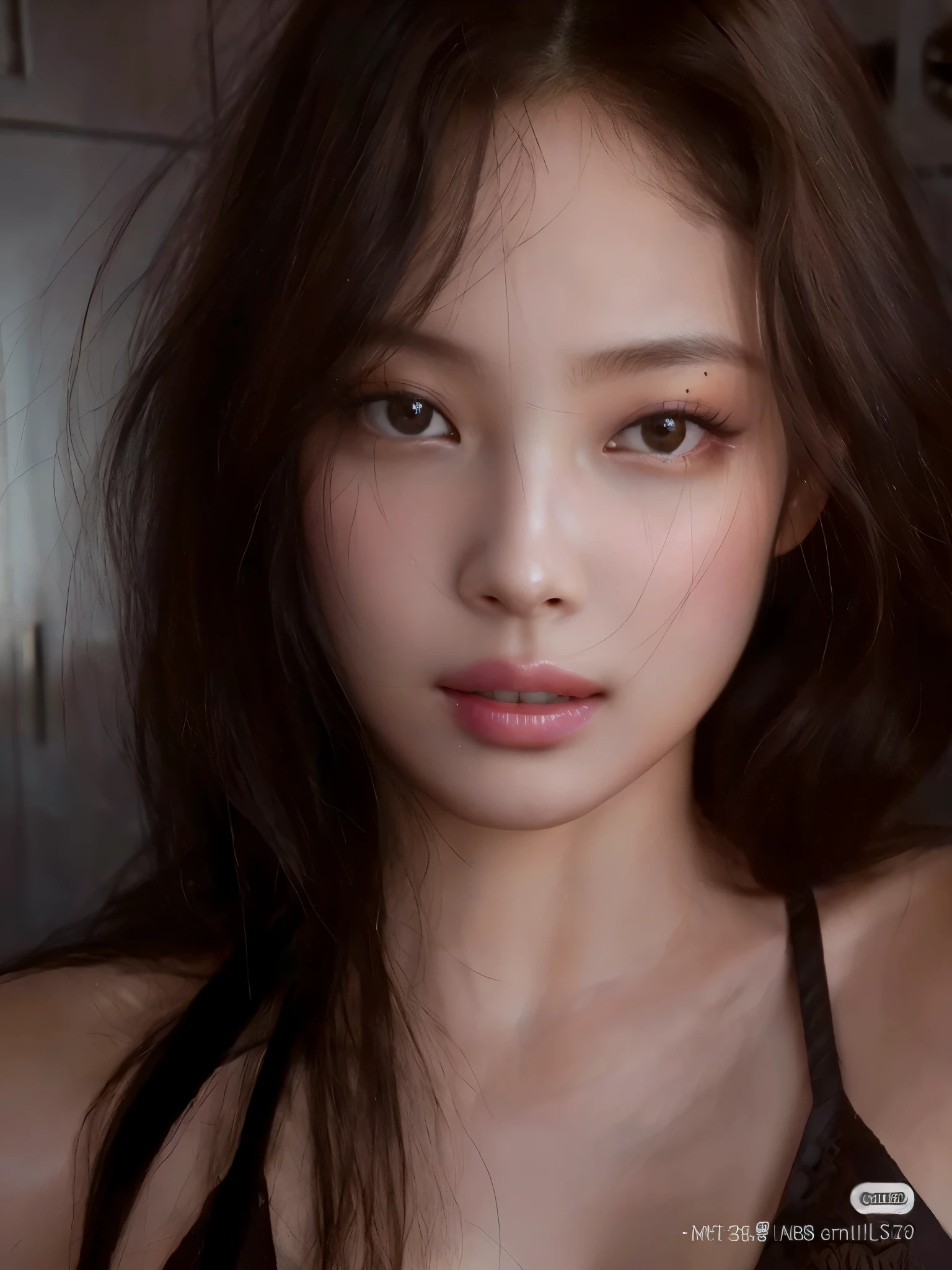 um close up de uma mulher com cabelos longos usando um top castanho, Realistic. Jennie, rosto extremamente bonito, retrato da menina, beautiful aesthetic face, beautiful Realistic face, rosto perfeito ), photoRealistic beautiful face, menina bonito-fino-cara, Realistic beautiful face, pale round face, foto retrato suave 8 k, Blackpink Realistic portrait, close-up rosto perfeito