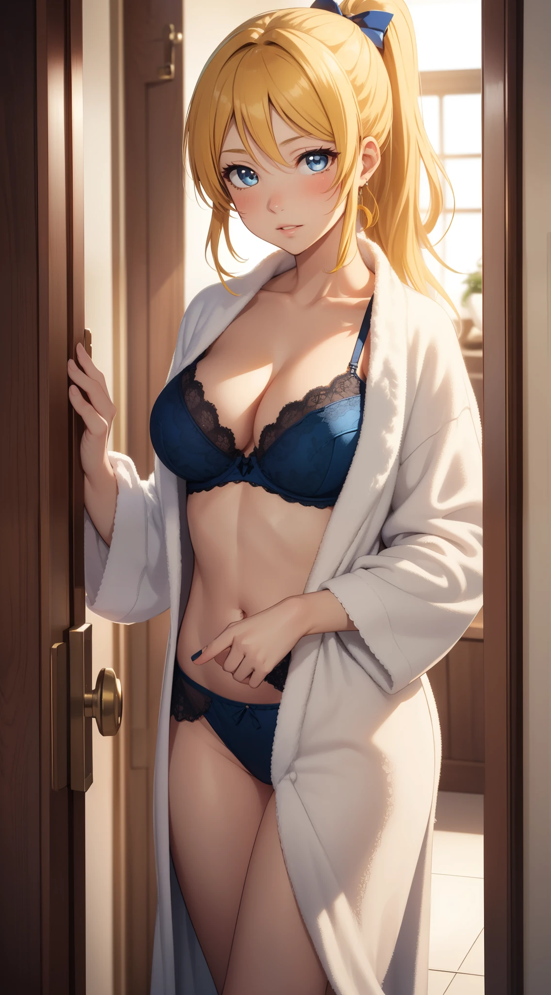 eliayase, eli ayase, yellow hair, blue eyes, ponytail, hair ribbon, masterpiece, best quality, high resolution, unity 8k wallpaper, illustration, beautiful detailed eyes, blush, glossy lips, lips parted, perfect lighting, extremely detailed CG, perfect anatomy, through door, (open dressing gown), lace bra