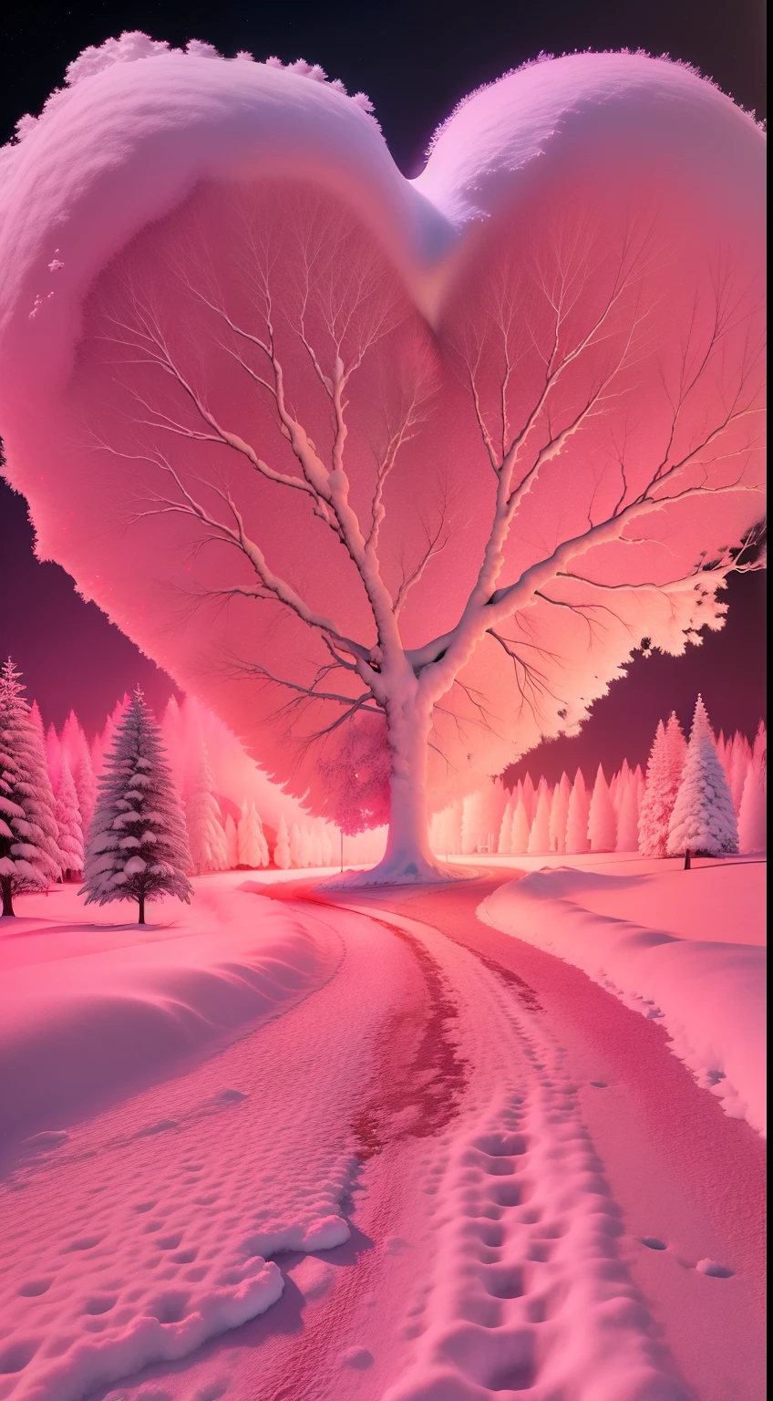 There is a heart-shaped tree in the middle of the snowy road, breath-taking beautiful trees, breath-taking beautiful trees, Pink soft light 4K, glowing snow, Beautiful images ever created, cotton candy trees, pink trees, beautiful cinematography, absolutely outstanding image, stunning cinematography, snow glow, Infrared photography, pink hues, great great essay