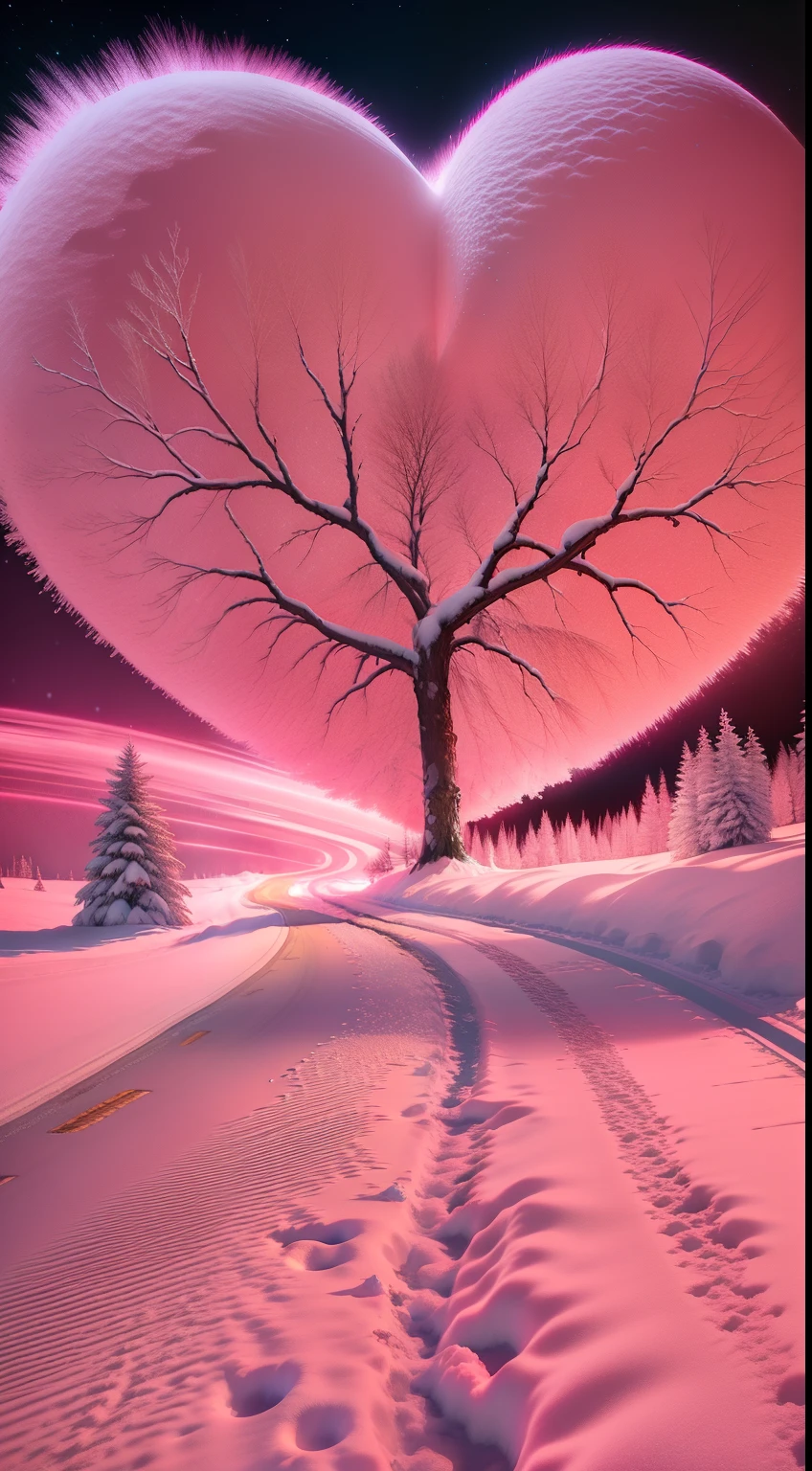 There is a heart-shaped tree in the middle of the snowy road, breath-taking beautiful trees, breath-taking beautiful trees, Pink soft light 4K, glowing snow, Beautiful images ever created, cotton candy trees, pink trees, beautiful cinematography, absolutely outstanding image, stunning cinematography, snow glow, Infrared photography, pink hues, great great essay