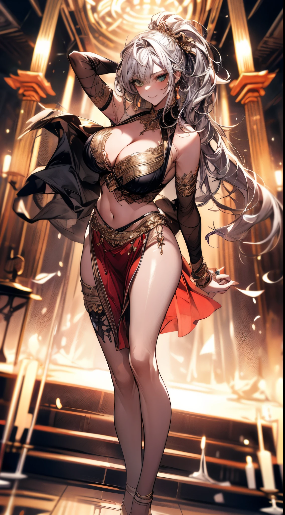 ((Ultra high resolution, 8K RAW photo, super realistics)), ((correct anatomy:1.5, ideal ratio of body proportions, long legs:1.37)), dancing matured gal, (solo:1.6), fuge breast:1.5, bare breasts:1.5, breast cleavage, dancing, swinging boobs, stepping hard, (rising up leg:1.2, putting arm up and behind head:1.3, arm pit:1.2), floating turn, jumping, turning, twisted body, long wavy hair, silver hair, crimson mesh hair, floating hair, fluttering hair, (high detailed face, super detailed eye), (sfw:1.25), belly dance, Arabian, turquoise green outfits, delicate detailed clothes and accessories, see-through clothes, mesh robe, great festival show, indoors, in a temple, special altar, sexy dance, leaning backward, showing off crotch, looking at viewer, sexy smile, dutch angle, from below, side view, floating extra see-through clothes, splash, bokeh, extra floating see-through clothes,