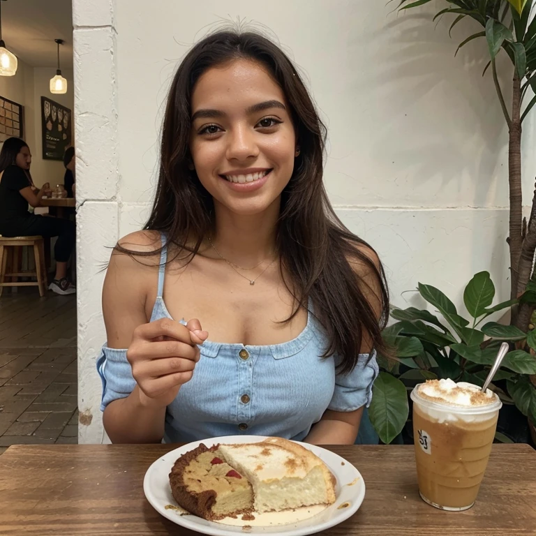 Modelo Brasileira, friendly about 20 years old, sorriso, academia, Instagram pose, sorvete, mesa, lunch, sobremesa, comendo, MEAL, top, coffee shop, outside, street, eating pie,