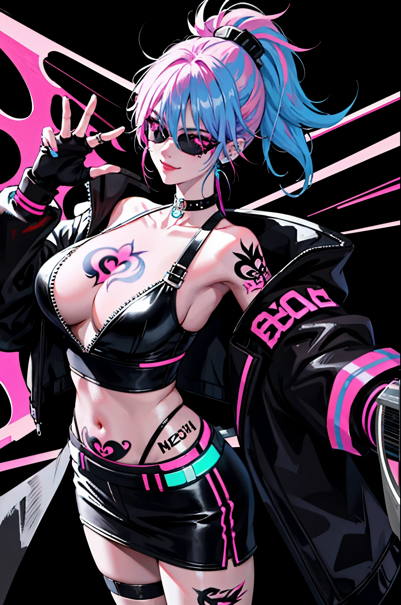 kpop girl with rizz smile face, bad ass, black gloves, neon cyan pink hair, tattoos on hands and neck, piercing, oversized tomboy ish sweater, cool badass pose, black background, medium breasts, wide hips, (ink art), cyberpunk, painting,