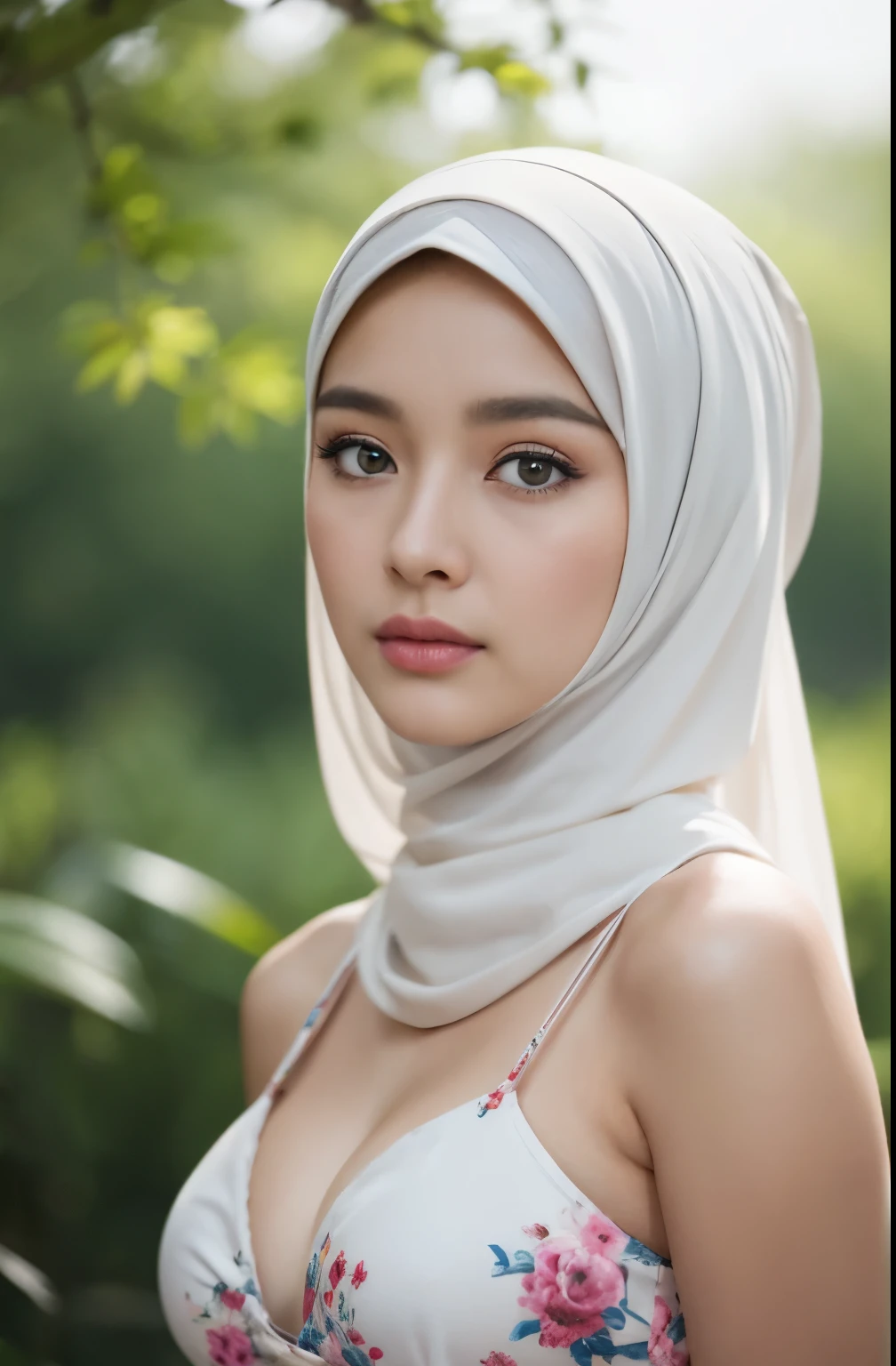 (Close-up of the painting style,Ultra HD 8K,Masterpiece grade CG wallpaper),Cinematic lighting,cute girly,Delicate and beautiful face,Dreamy pupils,Wearing a small floral short summerdresound waist,hijabi,Bust poem,Sit,Cloudy background,the trees,florals,夏天,Chinese style buildings, cleavage, magical