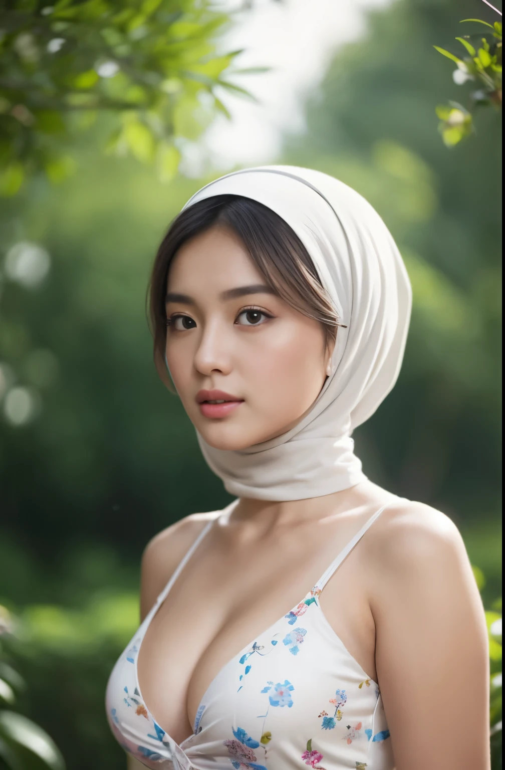 (Close-up of the painting style，Ultra HD 8K，Masterpiece grade CG wallpaper)，Cinematic lighting，cute girly，Delicate and beautiful face，Dreamy pupils，Wearing a small floral short summerdresound waist,hijabi,Bust poem,Sit，Cloudy background,the trees,florals,夏天,Chinese style buildings, cleavage, magical