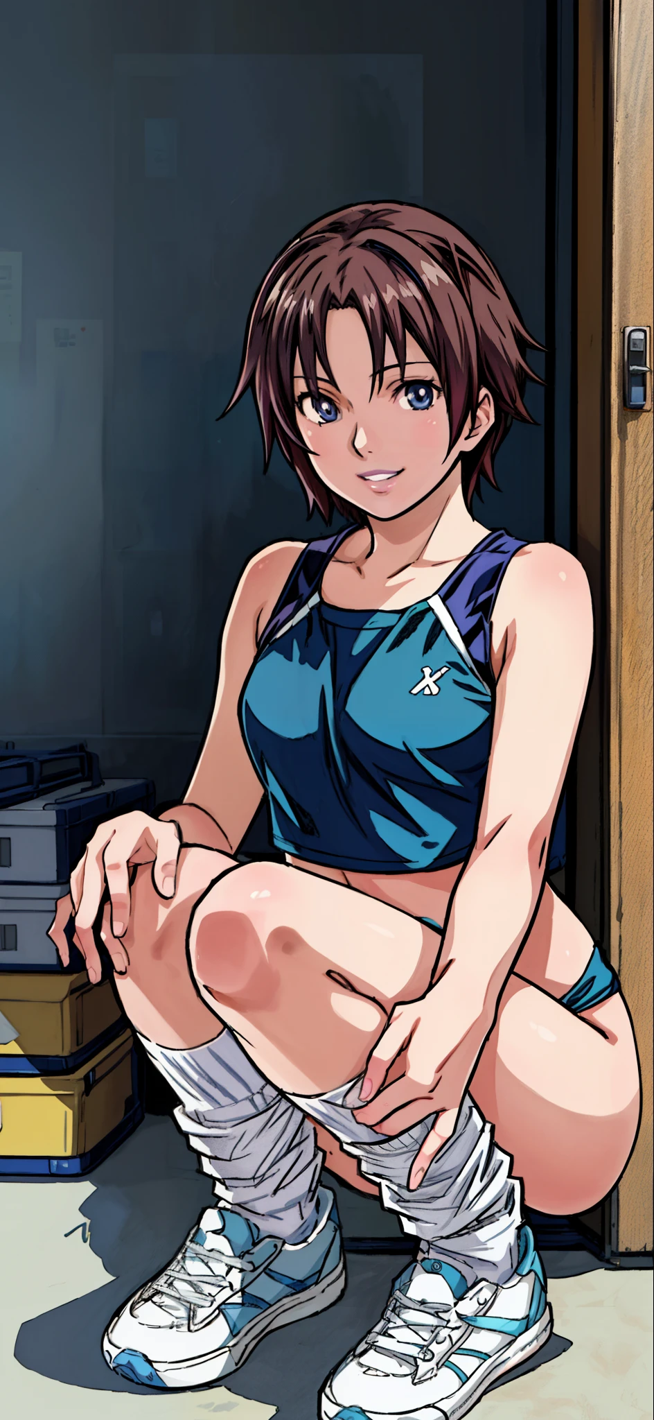(Best Quality,4K,8K,hight resolution,masutepiece:1.2), Ultra-detailed, (Realistic,photoRealistic,photo-Realistic:1.37), meadow girl, grin,She is wearing a white crop top and a blue swimsuit, wristbands,White loose socks,Black sneakers,Beautiful detailed eyes, Beautiful detailed lips, extremely detailed eye and face, long eyelashes, Realistic anime 3D style, Smooth Anime CG Art, Digital rendering by Makoto Shinkai, Moe Anime Art Style, photoRealistic rendering of an anime girl, Shinkai Makoto style, Cute anime girl visuals, Realistic young anime girl, girl fan art, Created in an anime artist's studio.