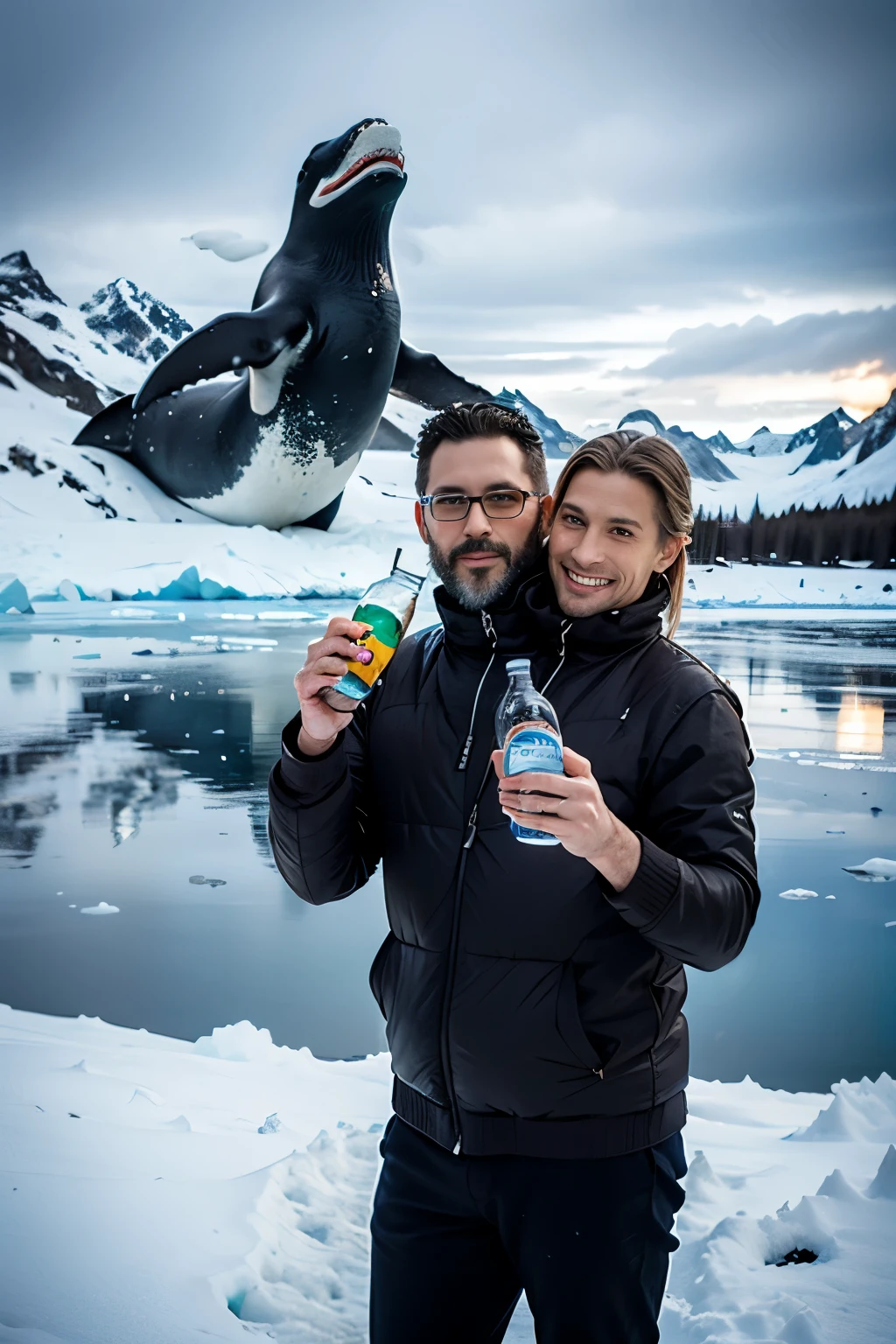 man, ((adult:1.5)), 40 years old, (masculine features), middle aged, shared oversized turtleneck, standing,boot,hood,((beard)),snow,posing in front of a frozen lake in alaska as an whale jumps from the water,cold,frozen, winter, yoga pants, (big bulge) , pensive, 8k, photography, realistic, Swedish, conjoined dicephalus, two heads, glaciers in background, with stuff, drinking from a bottle of vodka,((2heads))