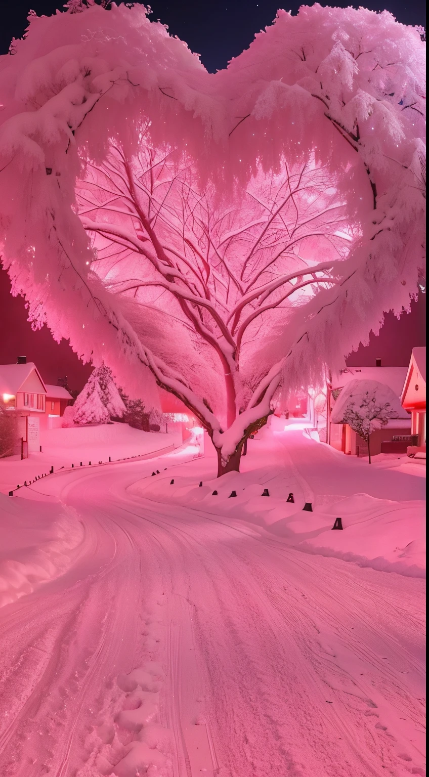 There is a heart-shaped tree in the middle of the snow path, breath - taking The beautiful trees, breath-taking The beautiful trees, Pink soft light 4K, glowing snow, pink trees, The beautiful photography, stunning cinematography, absolutely outstanding image, The beautiful, very The beautiful photo, The beautiful image ever created, dramatic pink light, The beautiful!!!, Magical tree, Suffocating, pink landscape