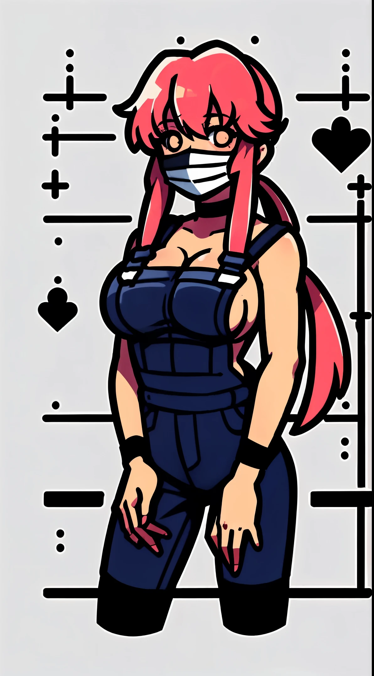 anime_still, masterpiece, best quality, 1girl, Gasai Yuno, long hair, pink hair, low twintails, smile, naked, red eyes, (large breasts:1.5),1girl, black choker, dark grey, (overalls:1.25), leather gloves, black boots, ((nigth:1.5)), (chasing you through the woods BY yuno gasai), moonlight, blood on floor, horror scane, (horror movie post:1.5) (evil eyes:1.6), (horror_movies:1.5), (woods:1.6),(dark:1.7), (out_boorlood on hands:1.5), (blood stain:1.25), (black face mask:1.25)