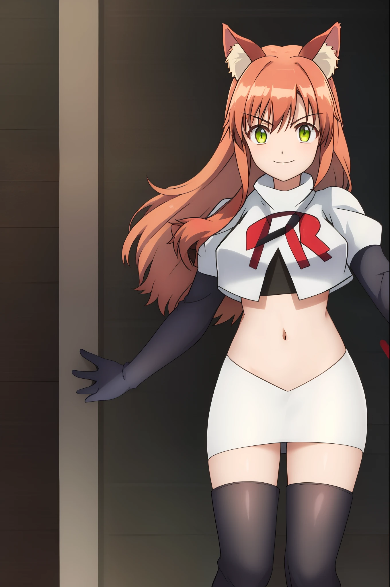 kanade, anime art style, 1girl, solo, long_hair, breasts, looking_at_viewer, smile, bangs, brown_hair, ribbon, animal_ears, very_long_hair, closed_mouth, green_eyes, hair_ribbon, cat_ears, red_ribbon, animal_ear_fluff, team rocket, team rocket uniform, red letter R, white skirt, white crop top, black thigh-high boots, black elbow gloves,