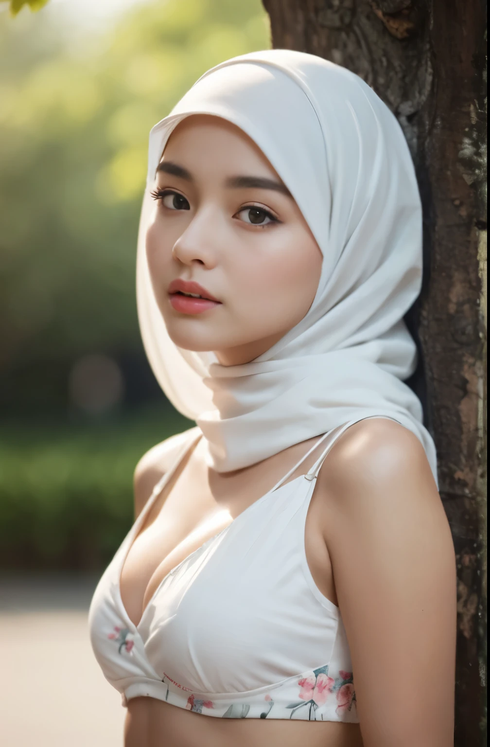 (Close-up of the painting style,Ultra HD 8K,Masterpiece grade CG wallpaper),Cinematic lighting,cute girly,Delicate and beautiful face,Dreamy pupils,Wearing a small floral short summerdresound waist,hijabi,Bust poem,Sit,Cloudy background,the trees,florals,夏天,Chinese style buildings, cleavage, magical