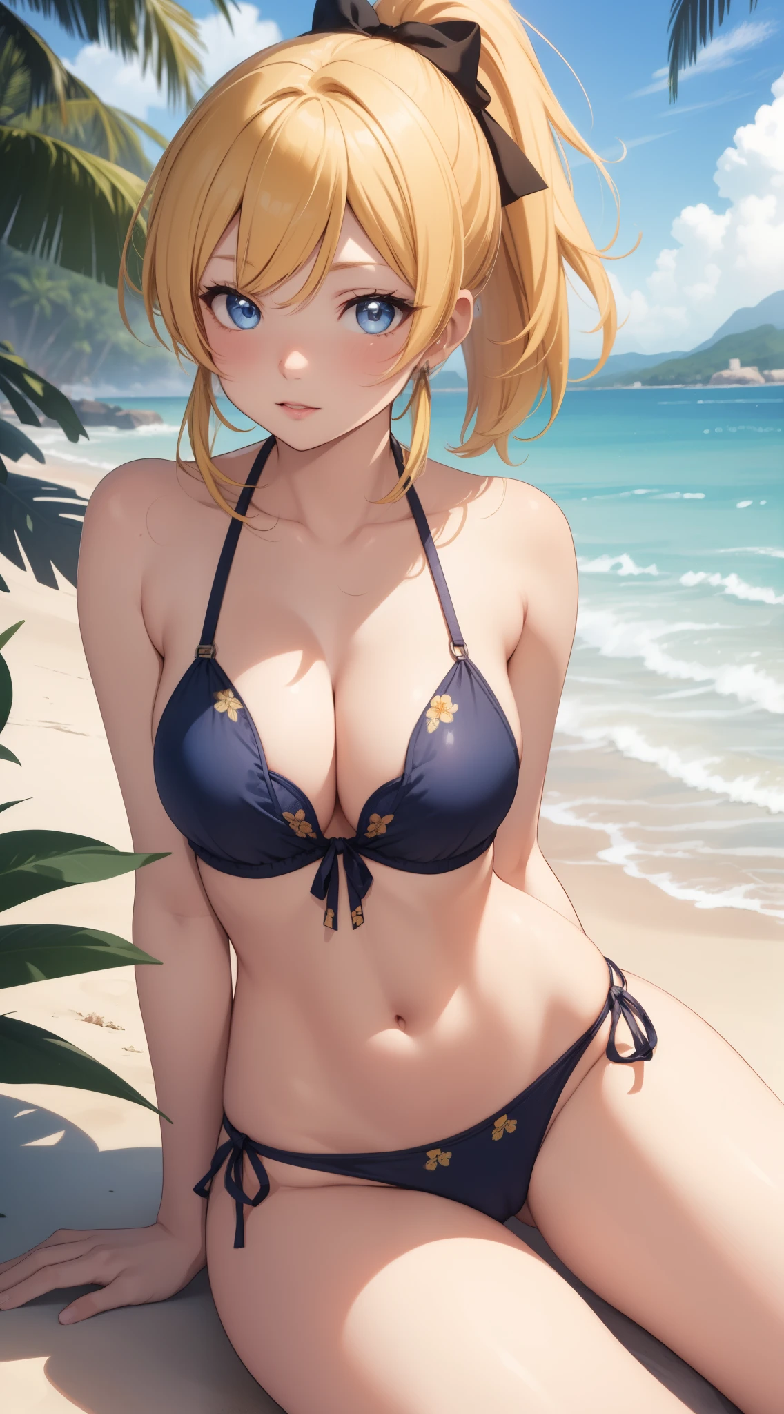 eliayase, eli ayase, yellow hair, blue eyes, ponytail, hair ribbon, masterpiece, best quality, high resolution, unity 8k wallpaper, illustration, beautiful detailed eyes, blush, glossy lips, lips parted, perfect lighting, extremely detailed CG, perfect anatomy, bikini, bikini skirt, beach, sitting (knees bent)