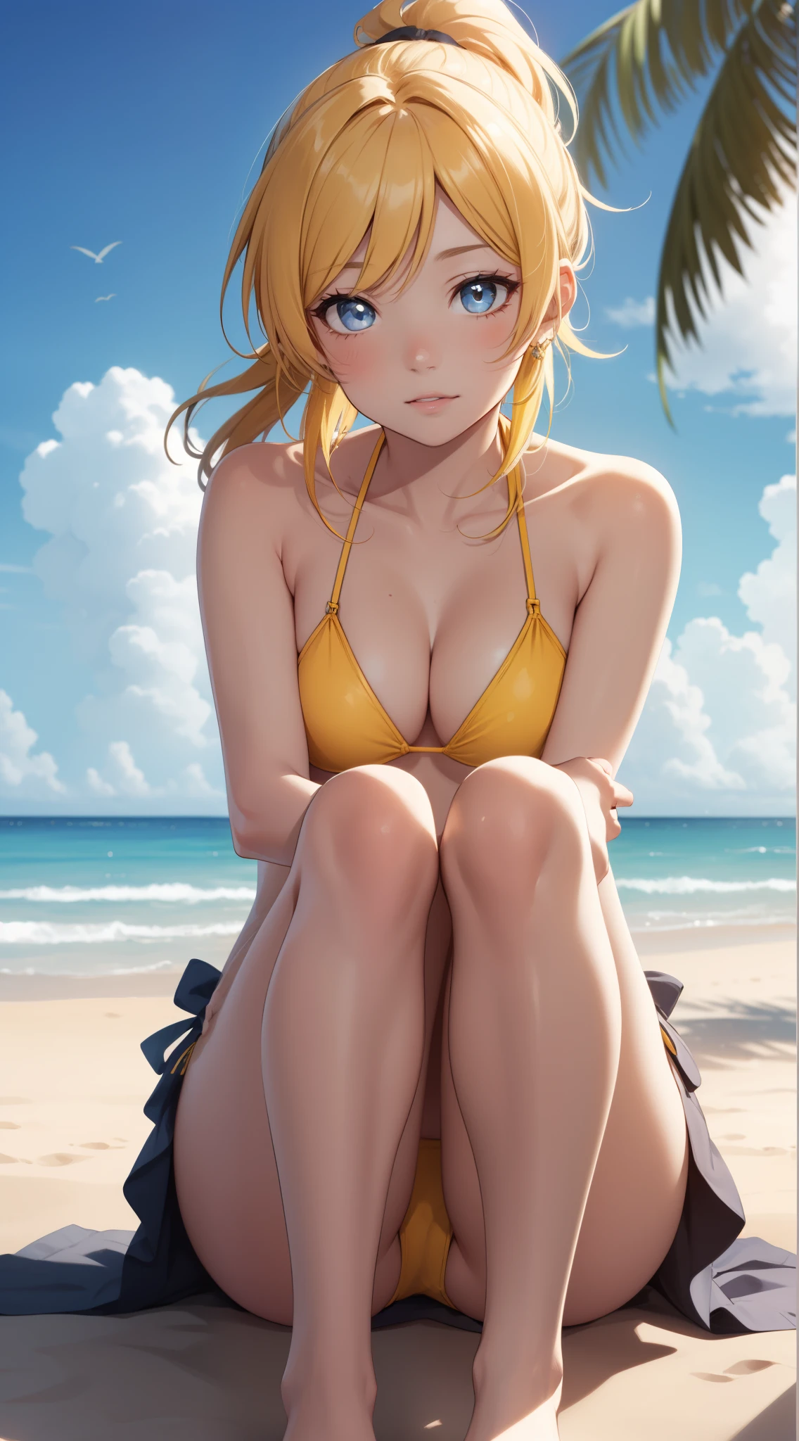 eliayase, eli ayase, yellow hair, blue eyes, ponytail, hair ribbon, masterpiece, best quality, high resolution, unity 8k wallpaper, illustration, beautiful detailed eyes, blush, glossy lips, lips parted, perfect lighting, extremely detailed CG, perfect anatomy, bikini, bikini skirt, beach, sitting (knees bent)