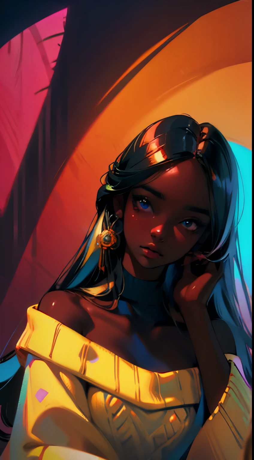 Upper body shot, ((beautiful black woman with flawless dark skin)), long hair with bright gradient glow under hair, clearly defined facial features, big detailed eyes, ((( wearing an off the shoulder sweater))) glowing flowers in the background, masterpiece, best high quality image,96k, uhd, depth of field, 1080P wallpaper, spotlight, character focus, high quality, insanely detailed, UHD picture quality in the style of Amy Sol