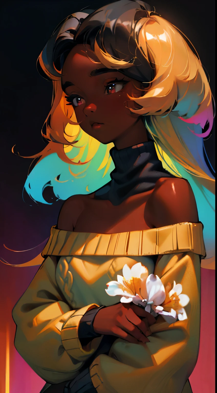 Upper body shot, ((beautiful black woman with flawless dark skin)), long hair with bright gradient glow under hair, clearly defined facial features, big detailed eyes, ((( wearing an off the shoulder sweater))) glowing flowers in the background, masterpiece, best high quality image,96k, uhd, depth of field, 1080P wallpaper, spotlight, character focus, high quality, insanely detailed, UHD picture quality in the style of Amy Sol