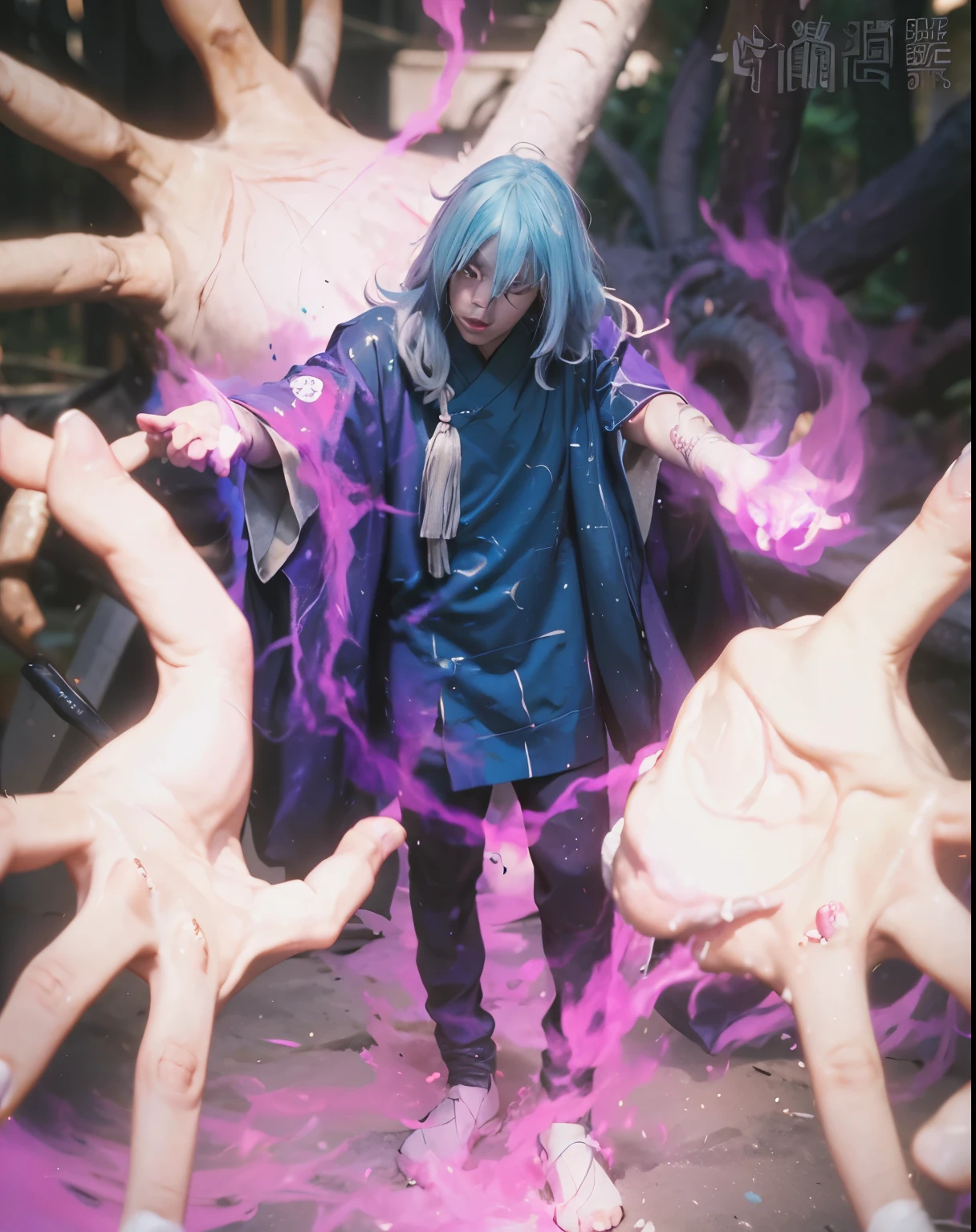 ((Mahito_JUJUTSU NO KAISEN)),((realistic, photorealistic)),(highlight hair)), Light reflection, (( HD )),((upper body)), (((best quality, masterpiece))), (masterpiece) (best quality) (detail) (8k) (HDR) (wallpaper) (cinematic lighting) (sharp focuasterpiece, best quality: 1.1), 1men solo, Mahito A man with a stitched face, white hair, a background of several big hands, monster hands,Hands emit purple flames, glow hands,shadow,Purple fire in hand,Tail hair
