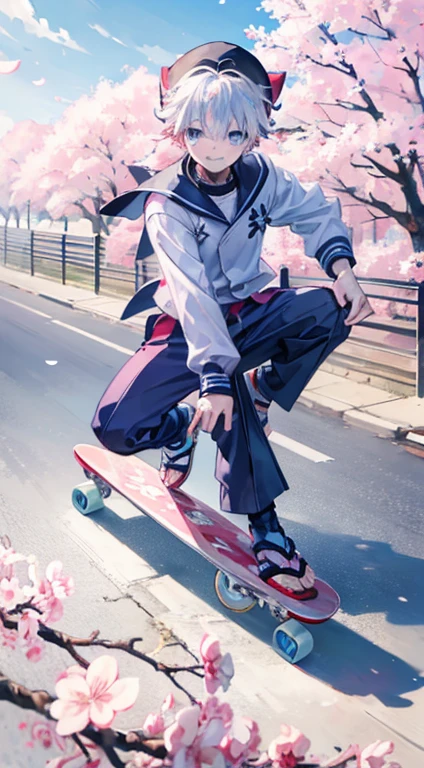 killua zoldyck anime character, with white hair, blue eyes, riding a skateboard, with a happy smile and wearing a hat, is in a cherry blossom garden