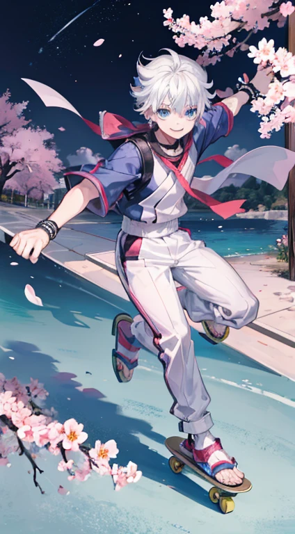 killua zoldyck anime character, with white hair, blue eyes, riding a skateboard, with a happy smile and wearing a hat, is in a cherry blossom garden