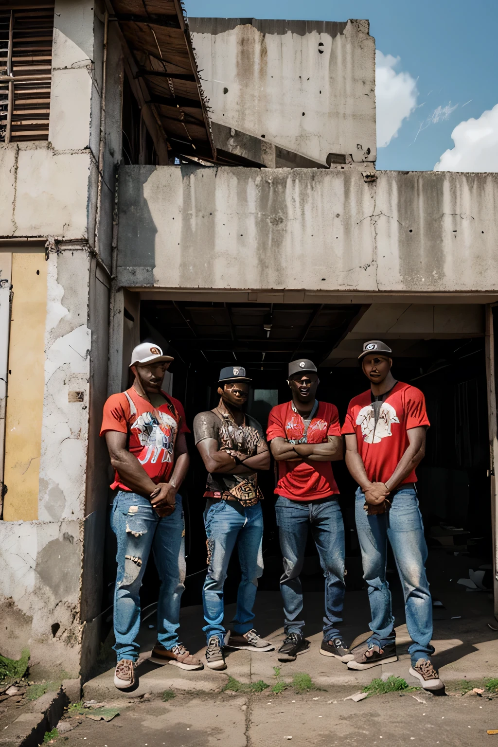 A gangster Papua new guinea gang standing in front of a old building. On the building theres a text in bold printed on the top of the building " VGO 760 OL MANGI " 
Digital Art image wearing rip jeans
