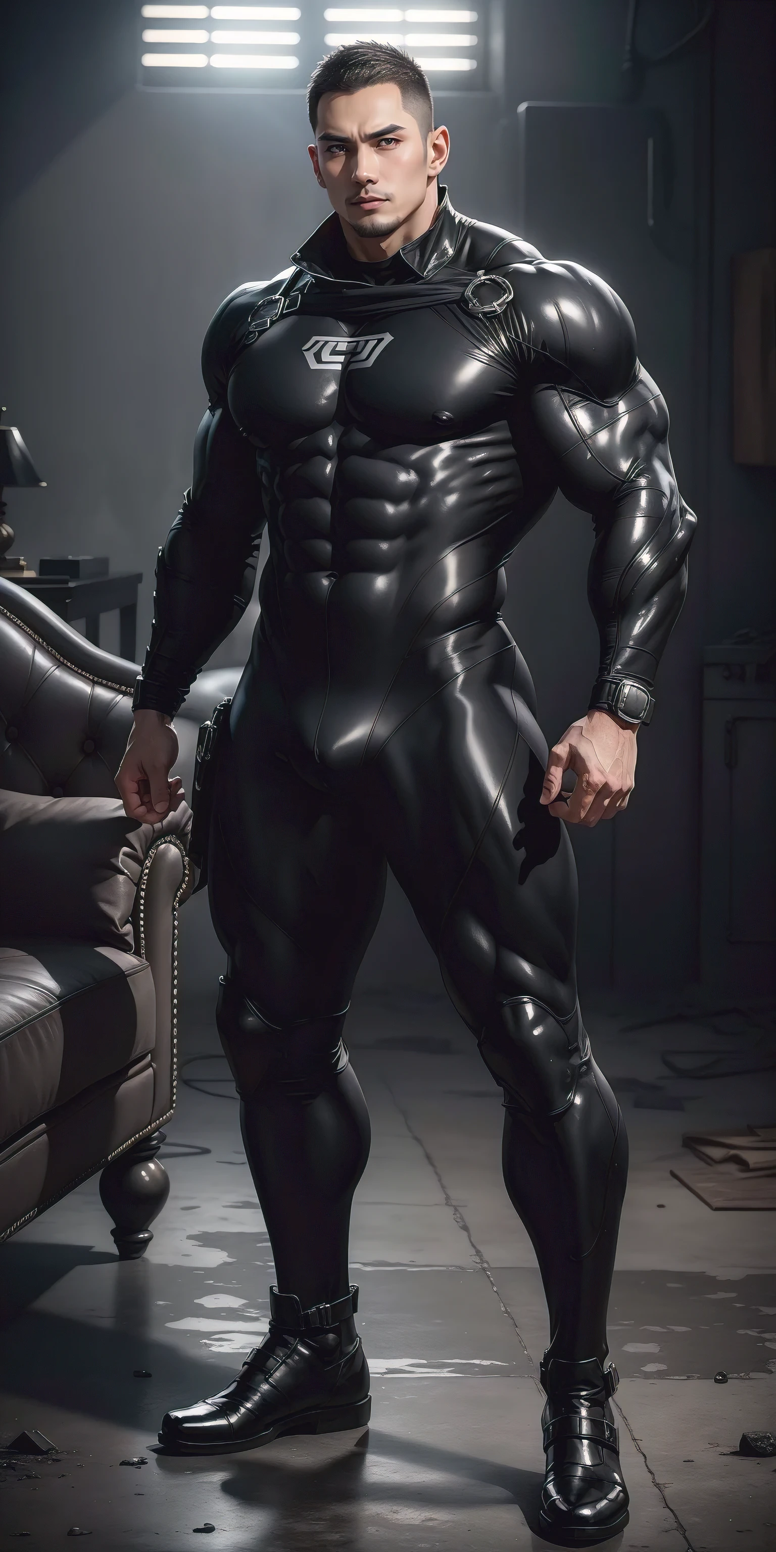 The tall, muscular black venomize, who is 2 meters tall, Open Mouth and Screaming,venomize,character design(Resident Evil - Chris Redfield)Wearing a shiny dark gray wetsuit,The whole body is wrapped,High-end leather texture,Regular symmetrical texture pattern,Standing alone in an abandoned factory in the open air, Bright sunlight shines on the soft sofa上,expression sad,A hero with deep and charming pupils,heroic masculine pose,Tall and burly,Muscular!Sexy and attractive leg muscles,tall, Burly, and strong, Wearing a shiny dark gray wetsuit, Super gain and cool, commission for high resolution, Big feet in dark gray boots,Charming strong man,Bright sunlight shines on the soft sofa,Reflective and shiny