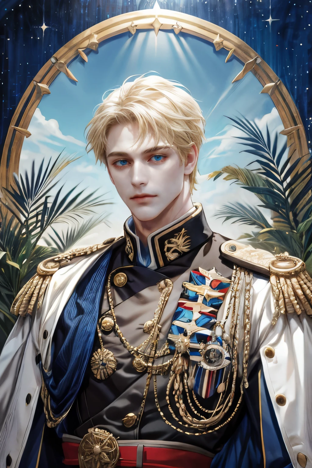 (absurdres, highres, ultra detailed), 1 male, solo, mature, handsome, tall muscular guy, broad shoulders, intricate details, colorful, highest detailed, Fantasy, royal, nobleman, Admiral, short hair, blonde hair, blue eyes, fleet commander, navy, commander, white uniform