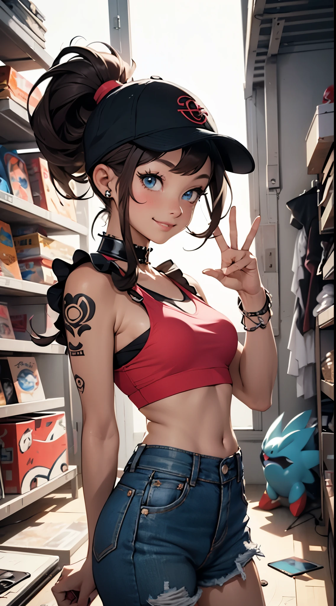 (looking at viewer:1.4), portrait, (standing:1.2),(supermodel:1.2), (frilled bra:1), hilda_(pokemon), 1girl, hat, denim, brown_hair, holding, baseball_cap, blue_eyes, long_hair, {{laughing}}, hand__the_peace_symbol, high_ponytail, ponytail, small_breasts, toppless, big smile, (Punk rock fashion), upper body piercing, bedroom, Pokemon_style, pokemon_Characters