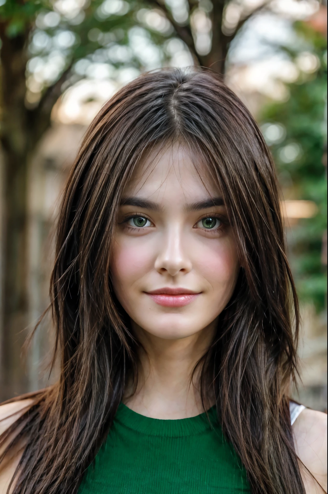 Beautiful brunette, smirk, green eyes, long hair, front face